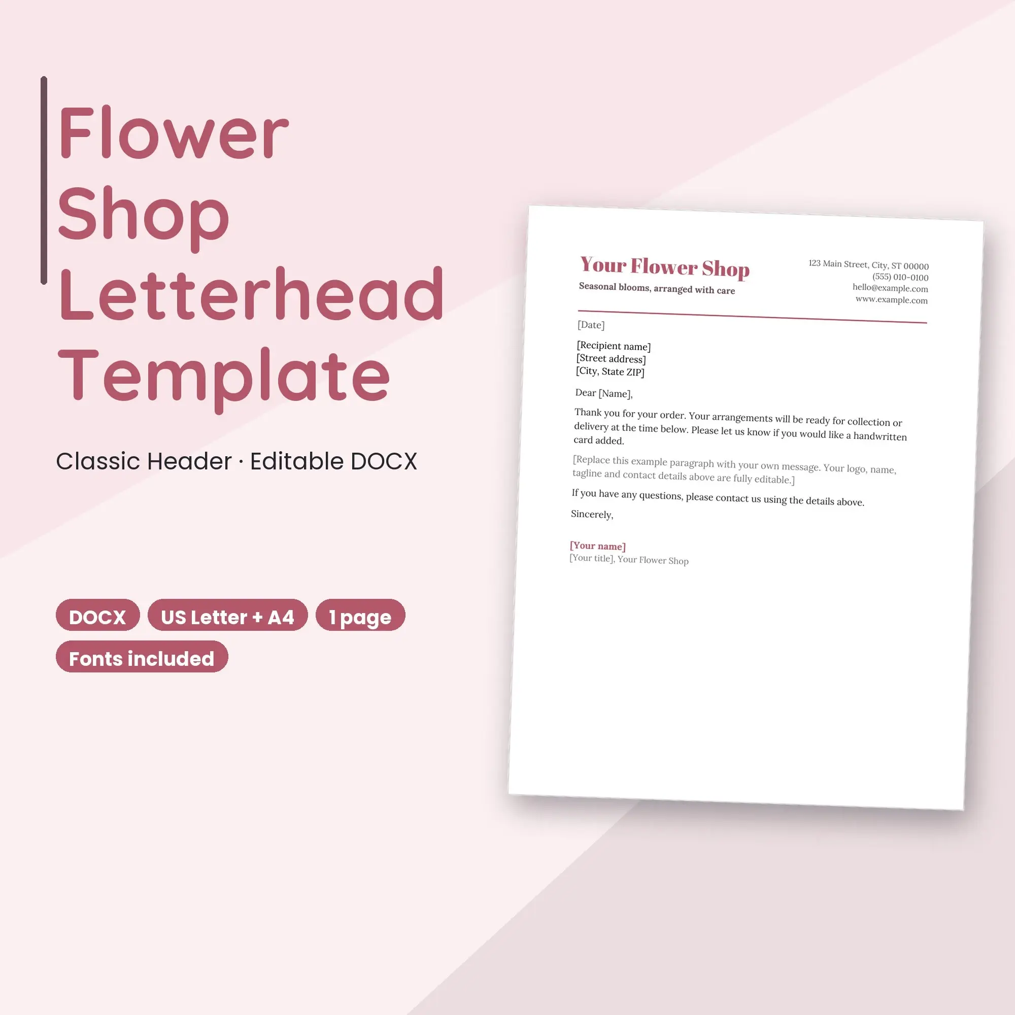 Flower Shop Letterhead Template, Classic Header (DOCX) preview