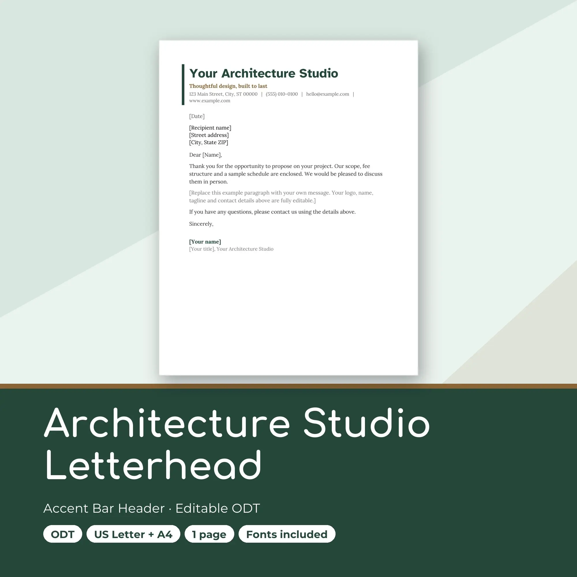 Architecture Studio Letterhead Template, Accent Bar Header (ODT) preview