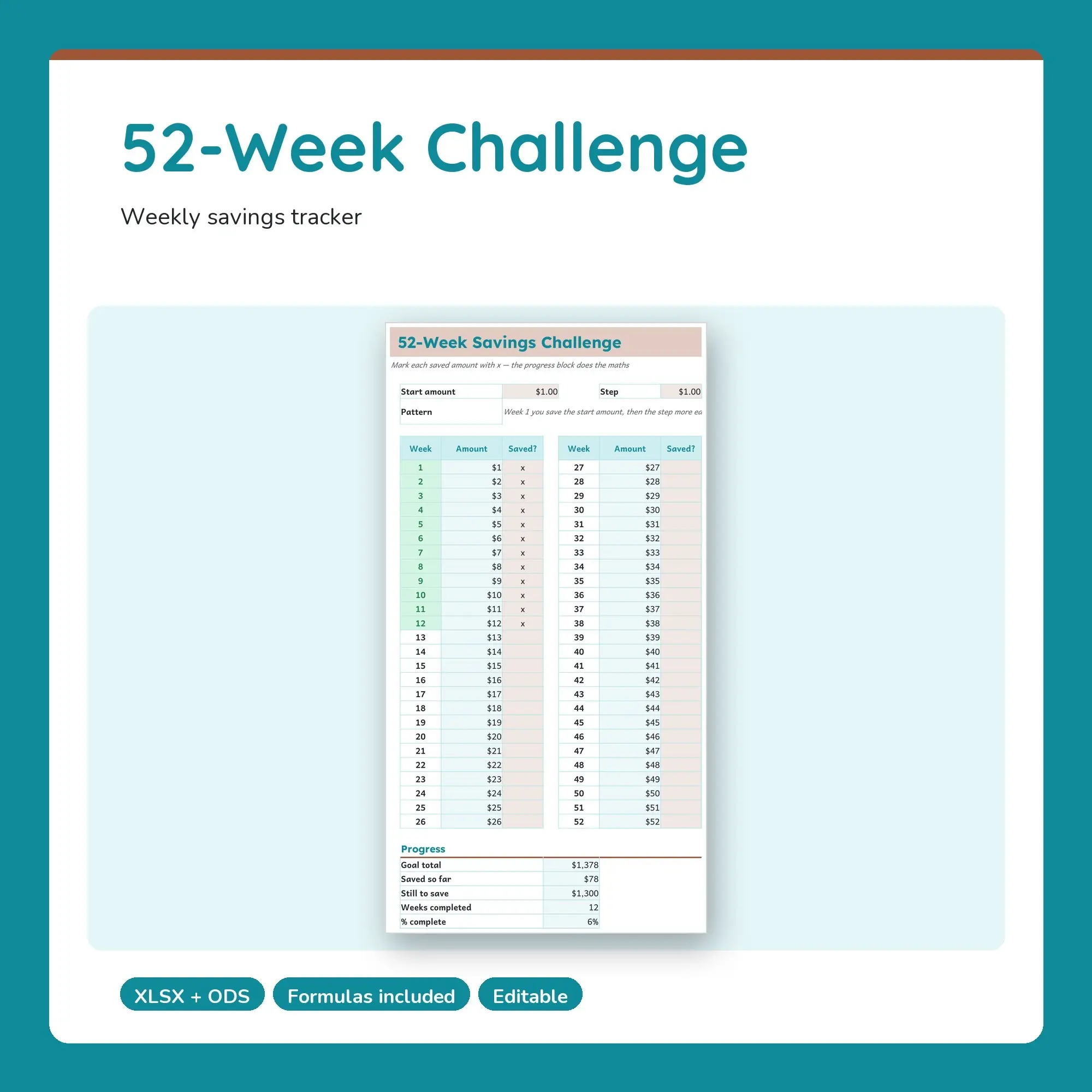 52-Week Savings Challenge Tracker Spreadsheet, Save $1 to $52 (XLSX + ODS) preview