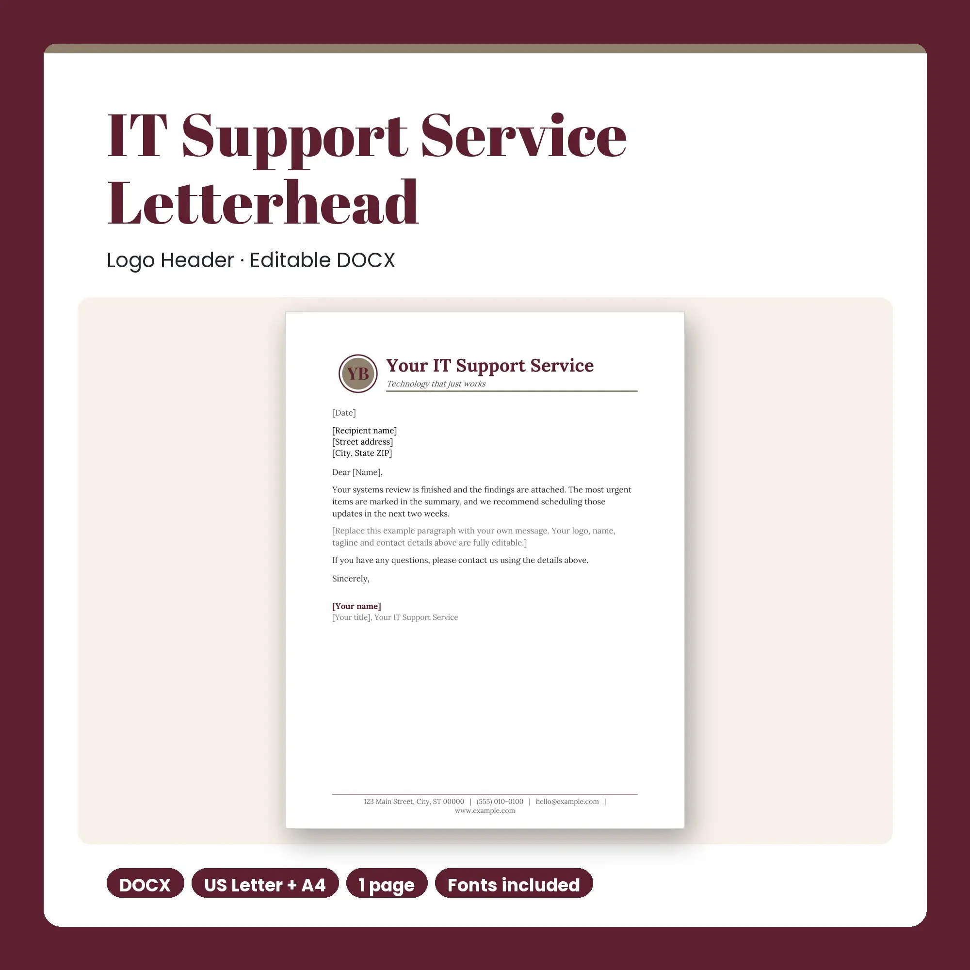 IT Support Service Letterhead Template, Logo Header (DOCX) preview