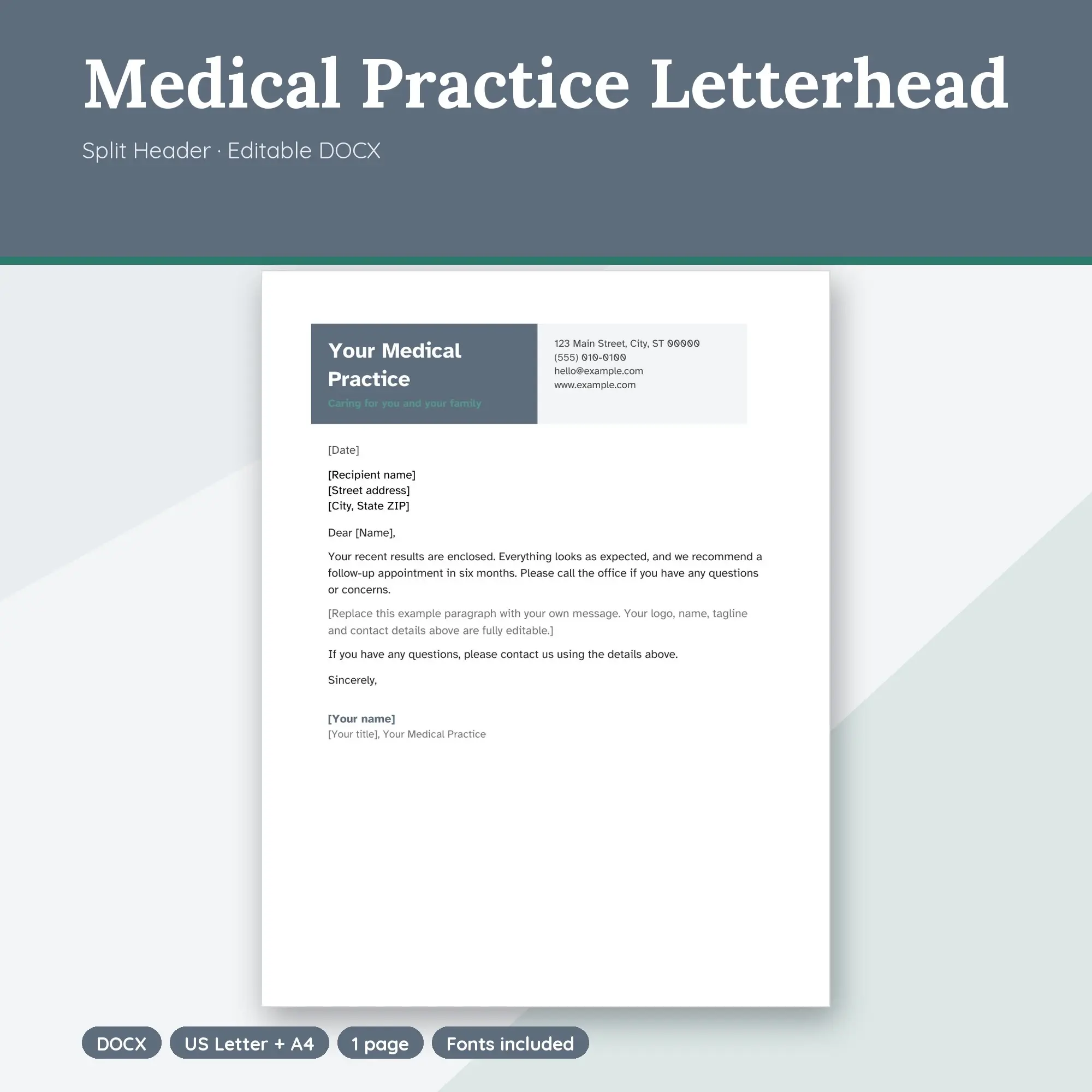Medical Practice Letterhead Template, Split Header (DOCX) preview