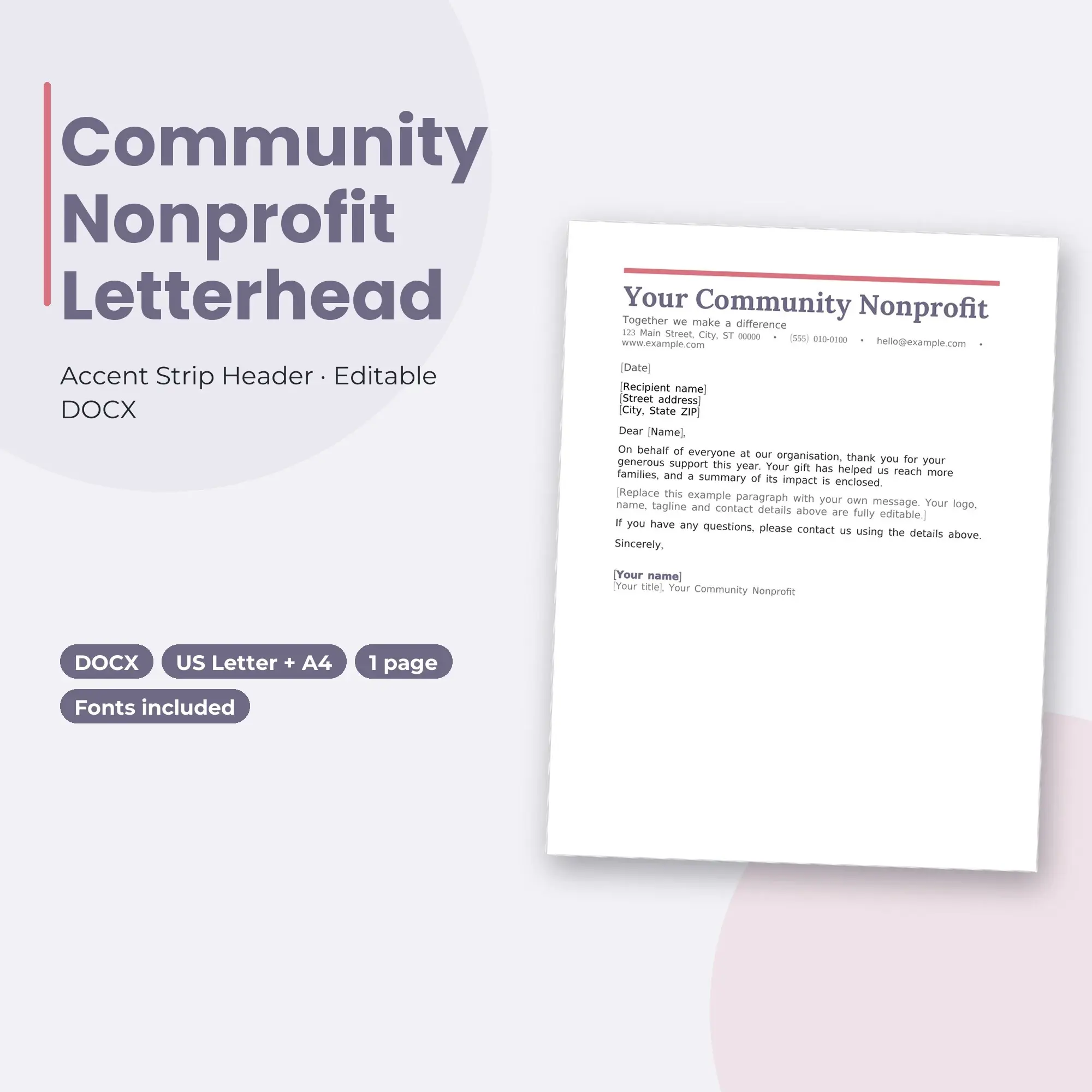 Community Nonprofit Letterhead Template, Accent Strip Header (DOCX) preview