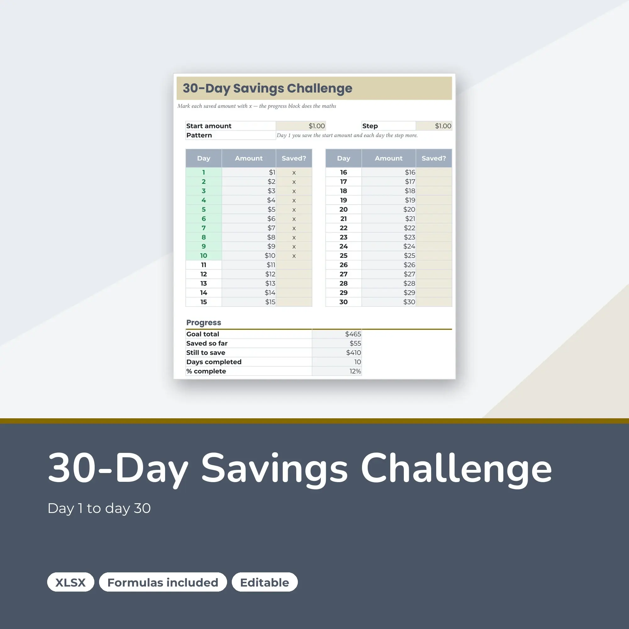 Savings Challenge Spreadsheet, 30-Day Coin Jar Tracker (XLSX) preview