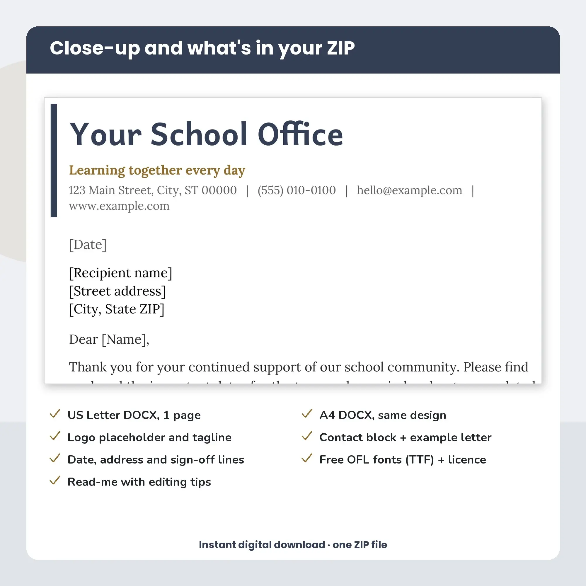 School Office Letterhead Template, Accent Bar Header (DOCX), preview 2 of 2