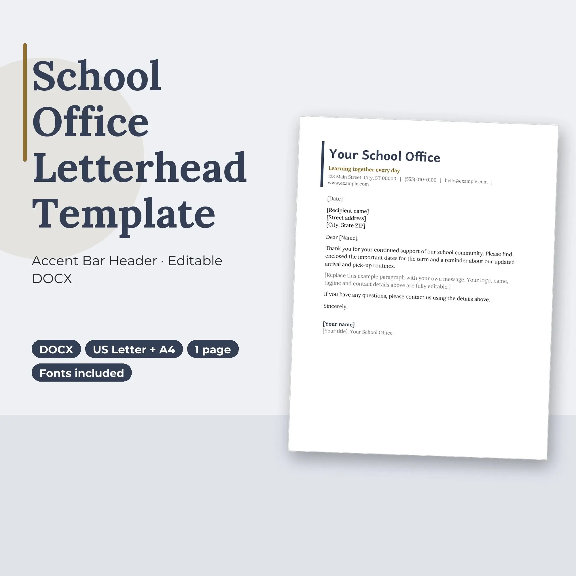 School Office Letterhead Template, Accent Bar Header (DOCX), preview 1 of 2