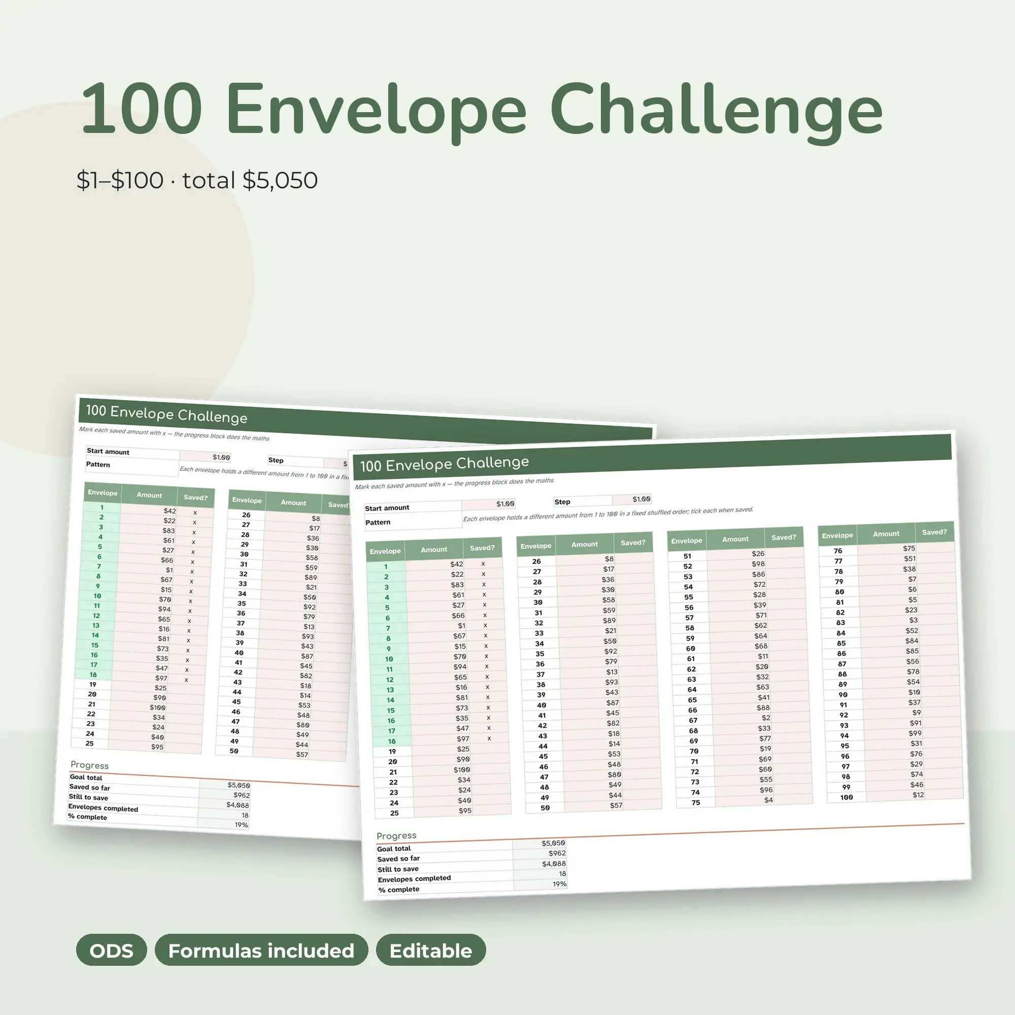 100 Envelope Savings Challenge Tracker Spreadsheet, Shuffled Amounts (ODS) preview