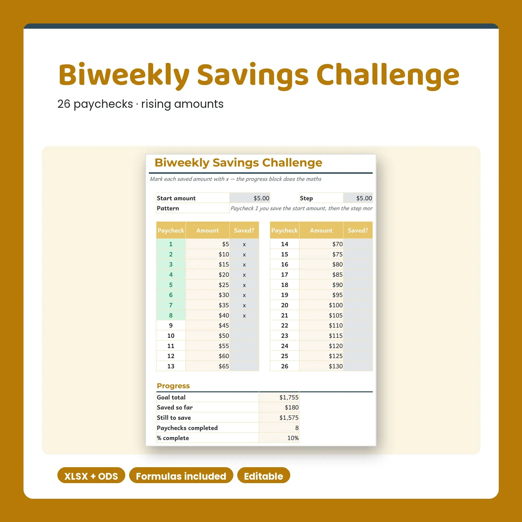 Biweekly Savings Challenge Tracker Spreadsheet, 26 Paychecks (XLSX + ODS) preview