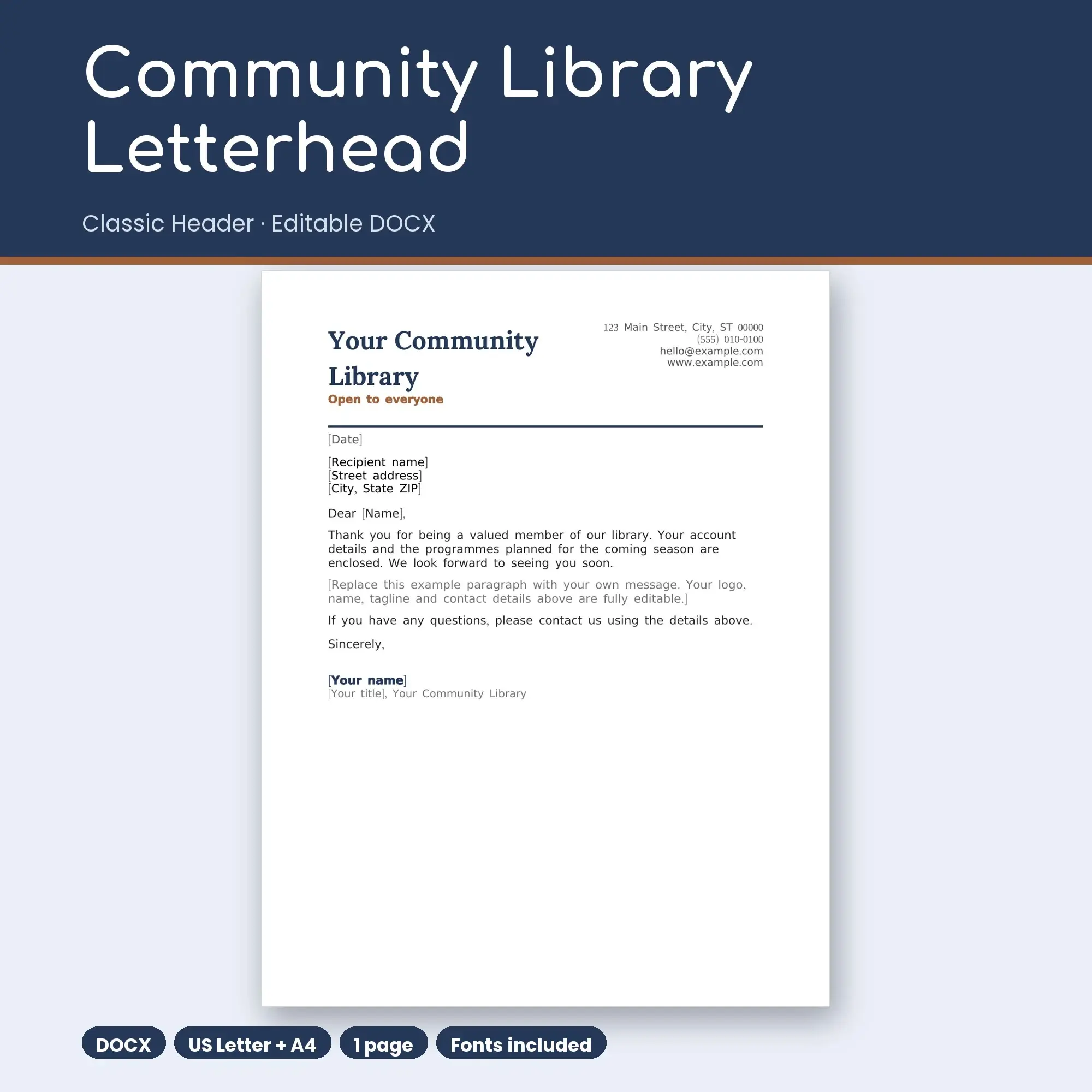 Community Library Letterhead Template, Classic Header (DOCX) preview