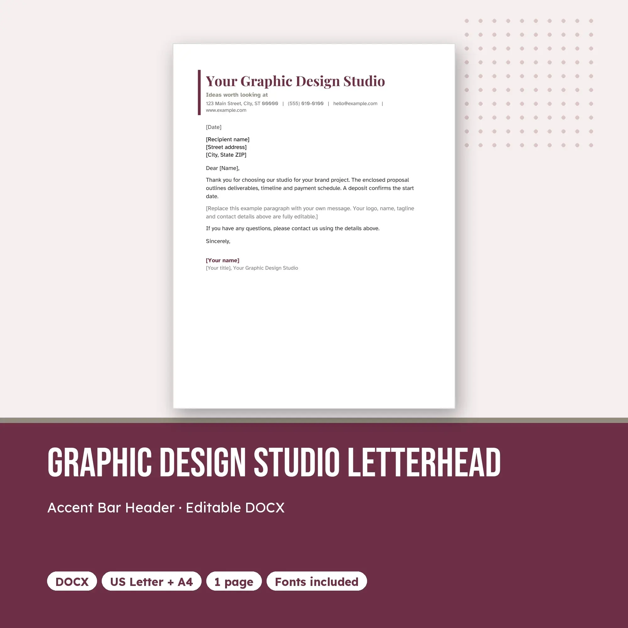 Graphic Design Studio Letterhead Template, Accent Bar Header (DOCX) preview