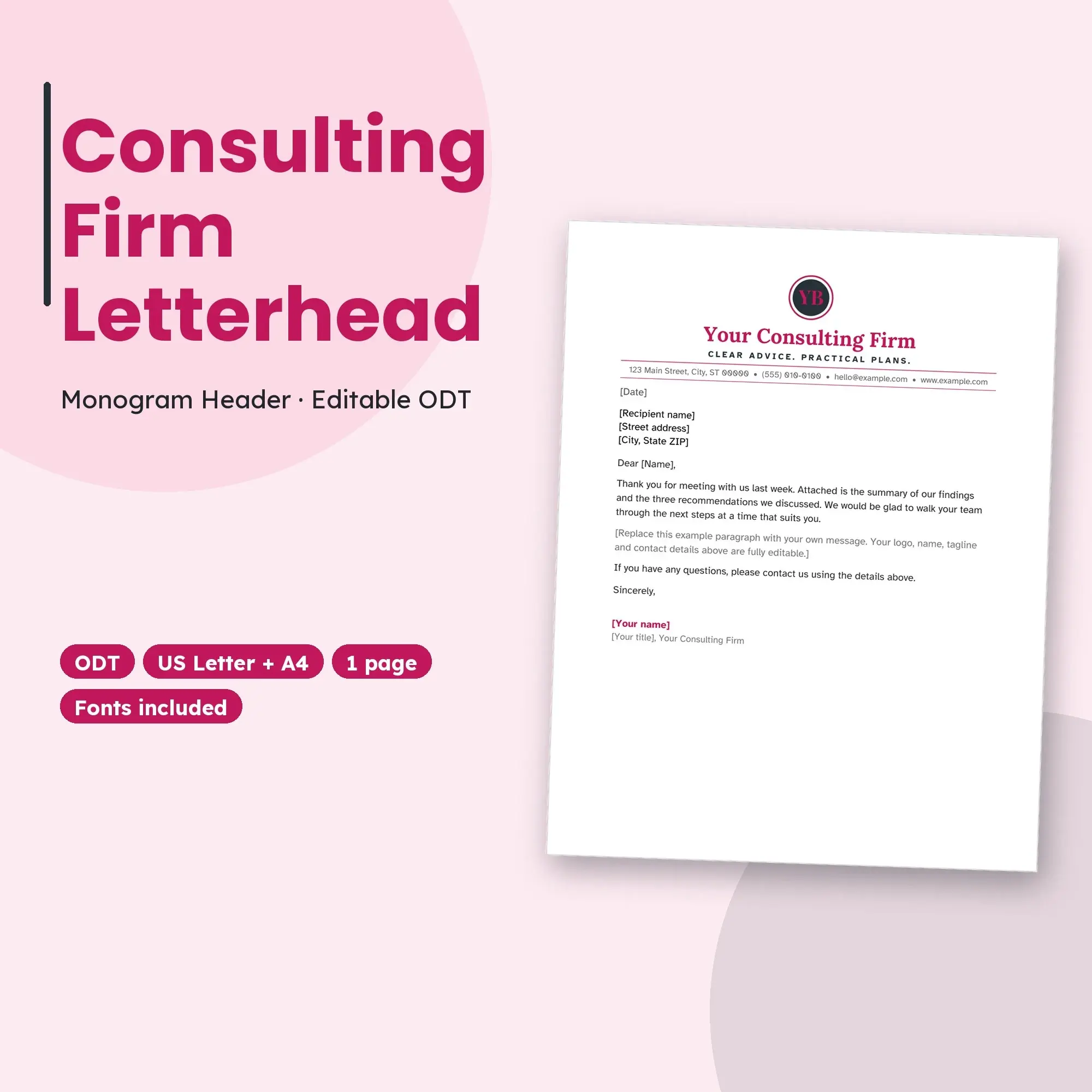 Consulting Firm Letterhead Template, Monogram Header (ODT) preview