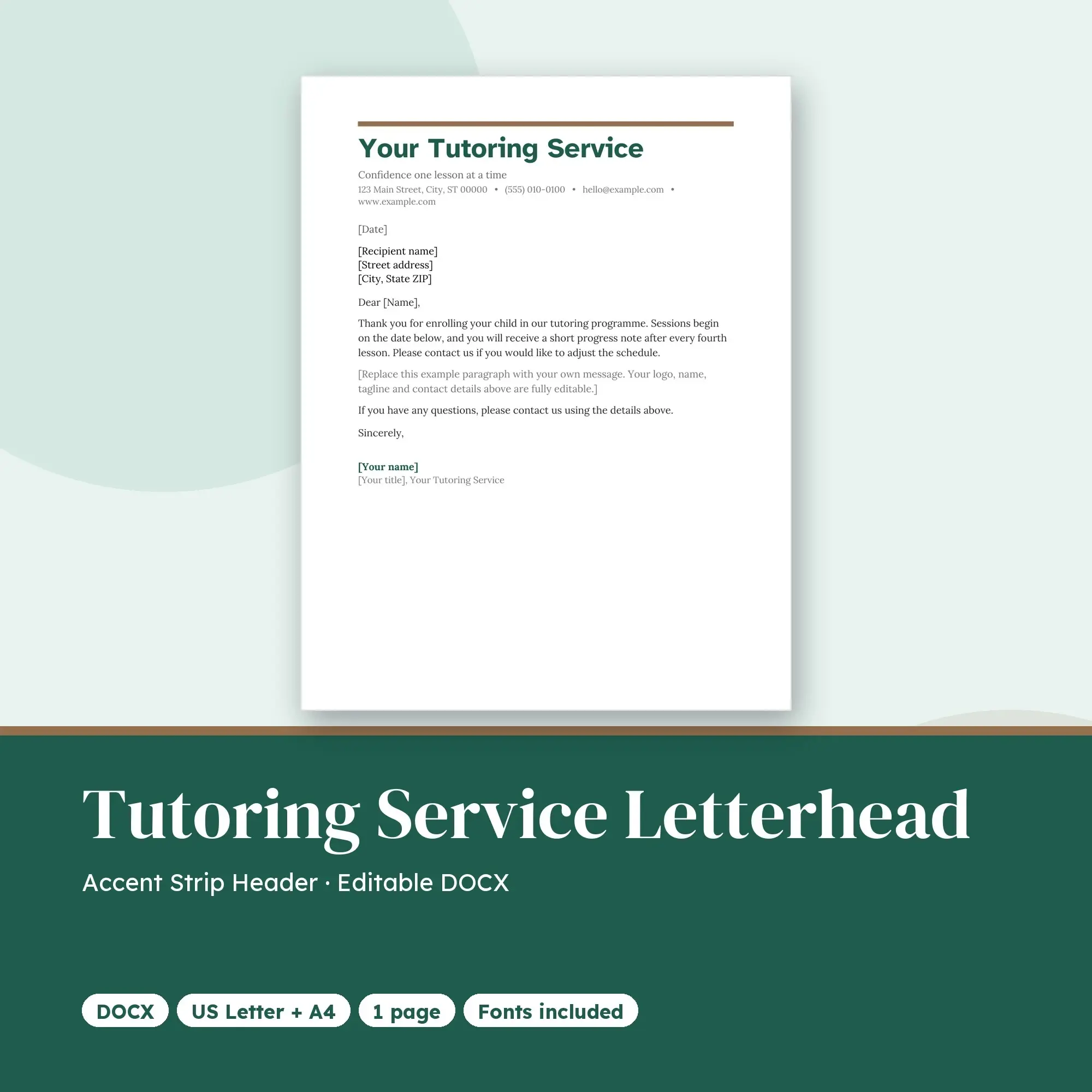 Tutoring Service Letterhead Template, Accent Strip Header (DOCX) preview