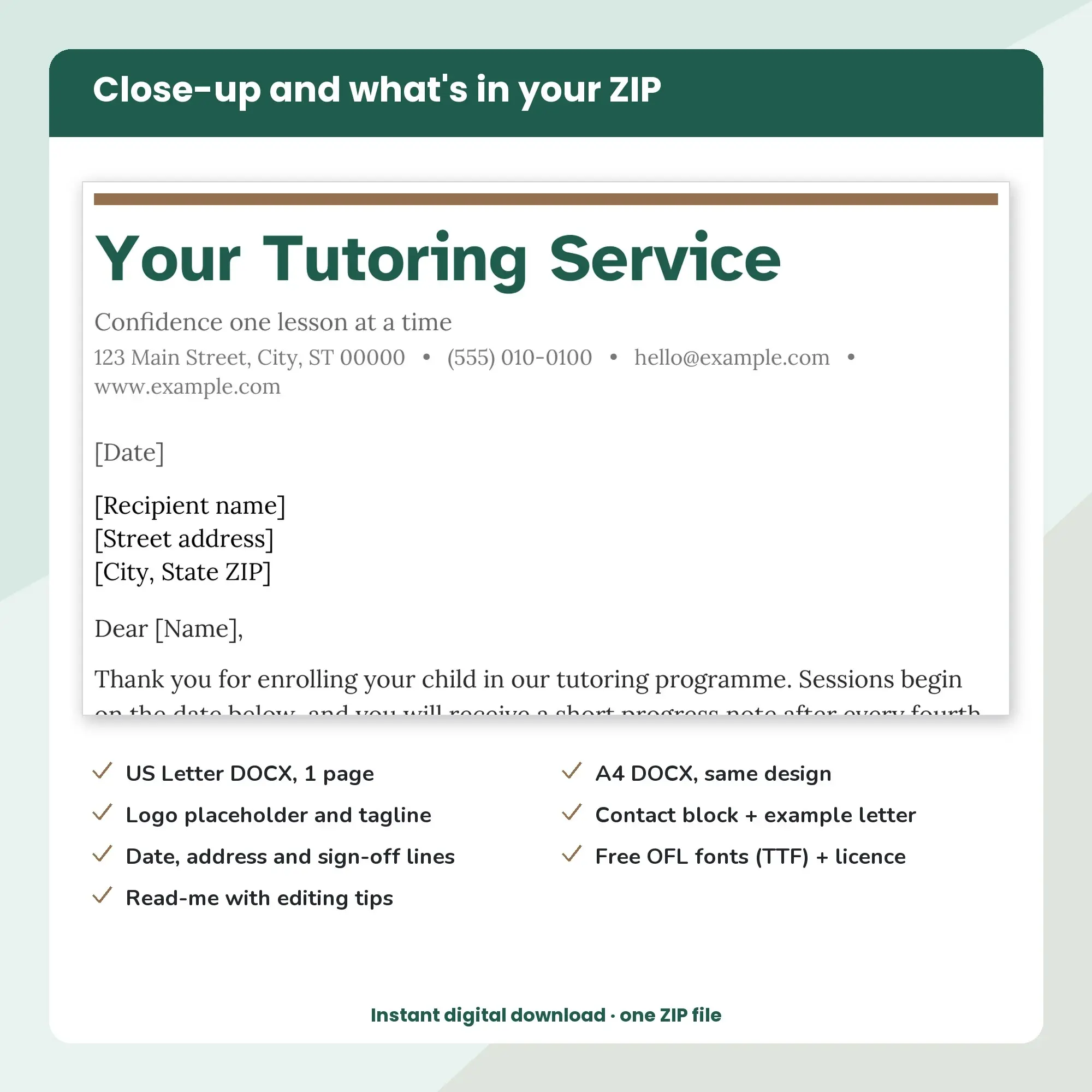Tutoring Service Letterhead Template, Accent Strip Header (DOCX), preview 2 of 2