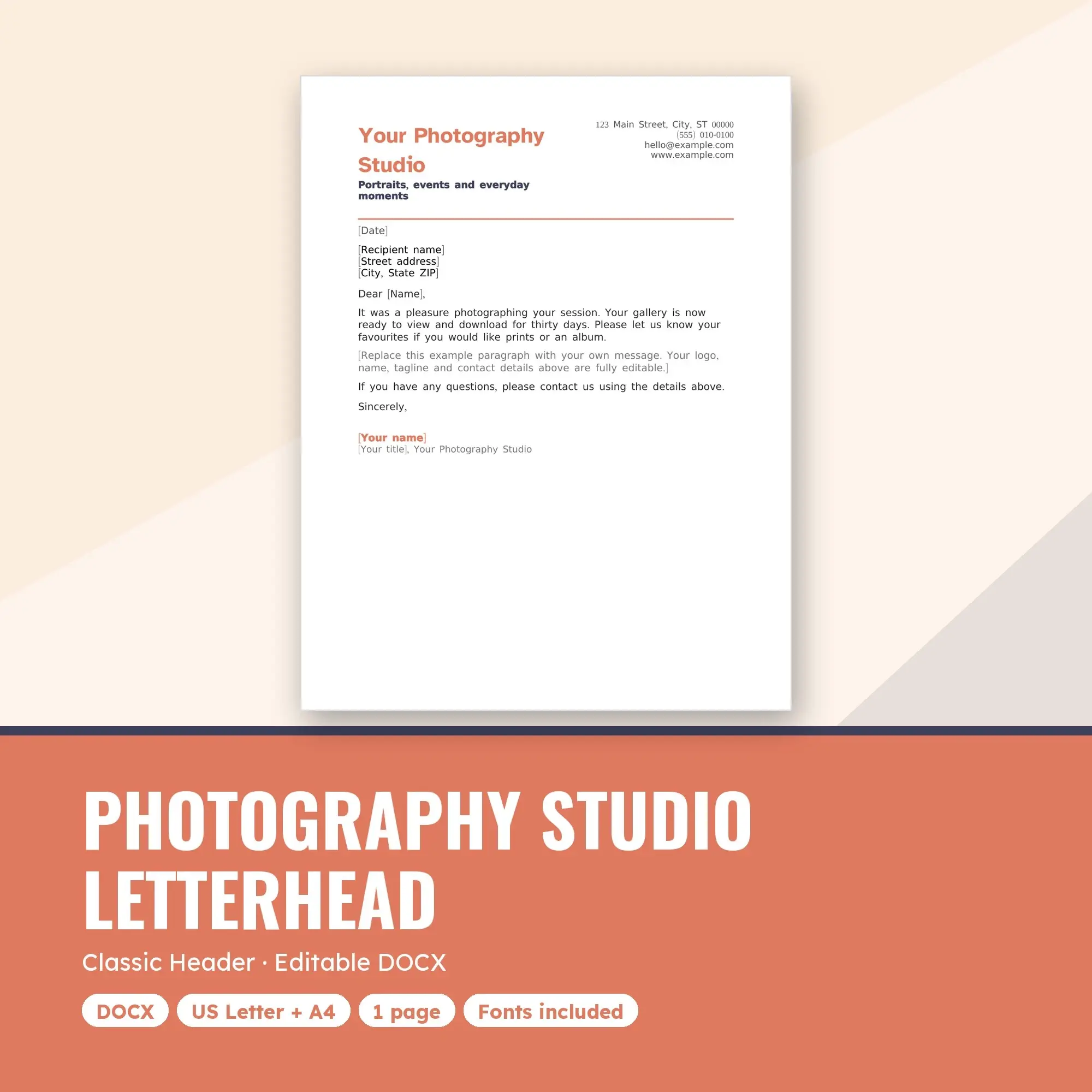 Photography Studio Letterhead Template, Classic Header (DOCX) preview