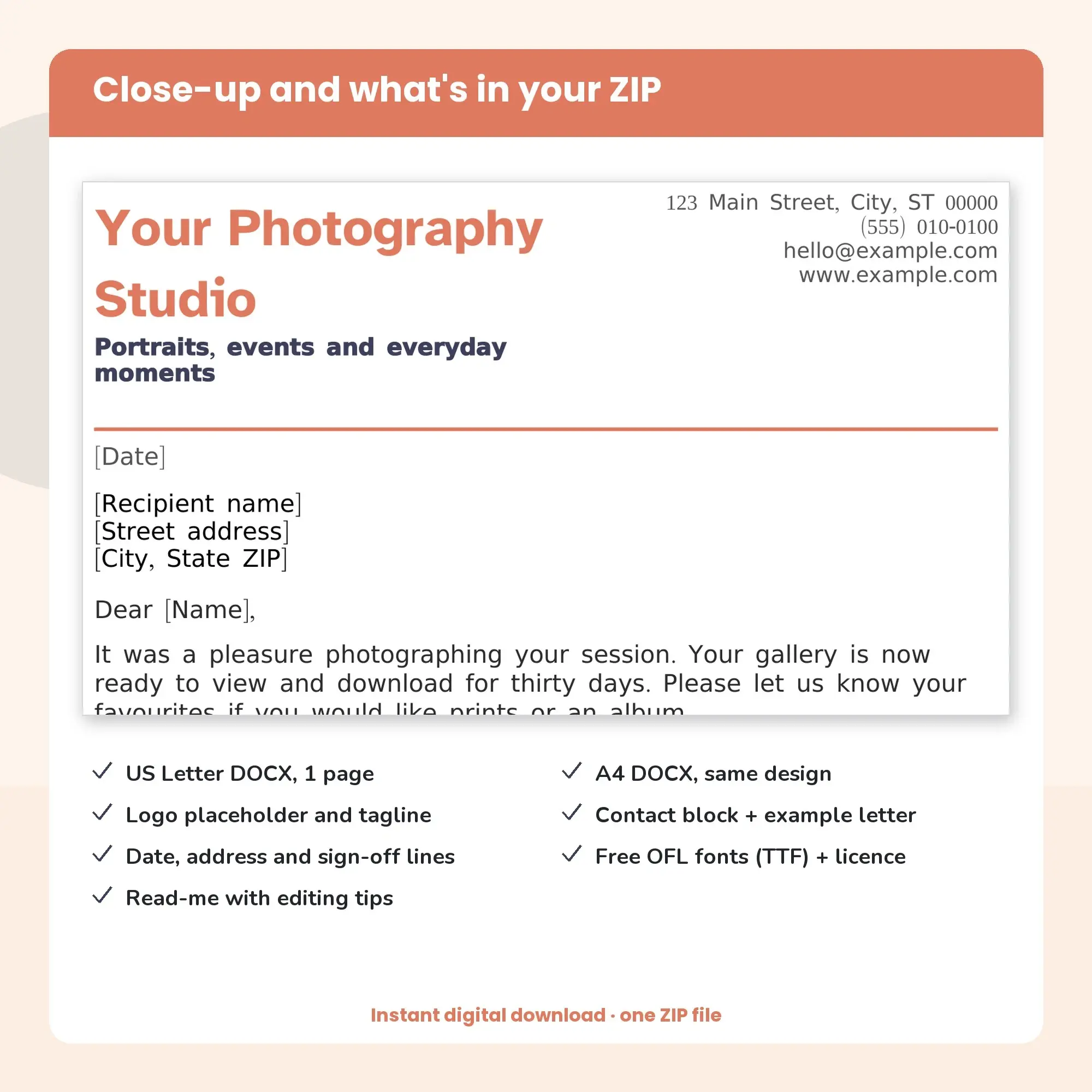Photography Studio Letterhead Template, Classic Header (DOCX), preview 2 of 2