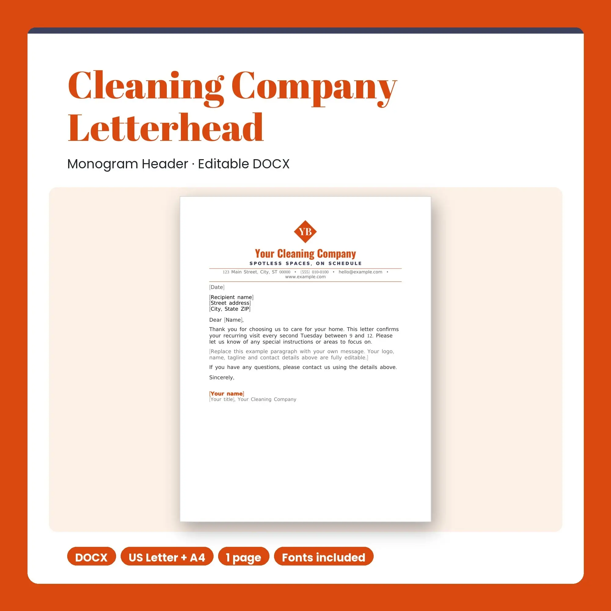 Cleaning Company Letterhead Template, Monogram Header (DOCX) preview