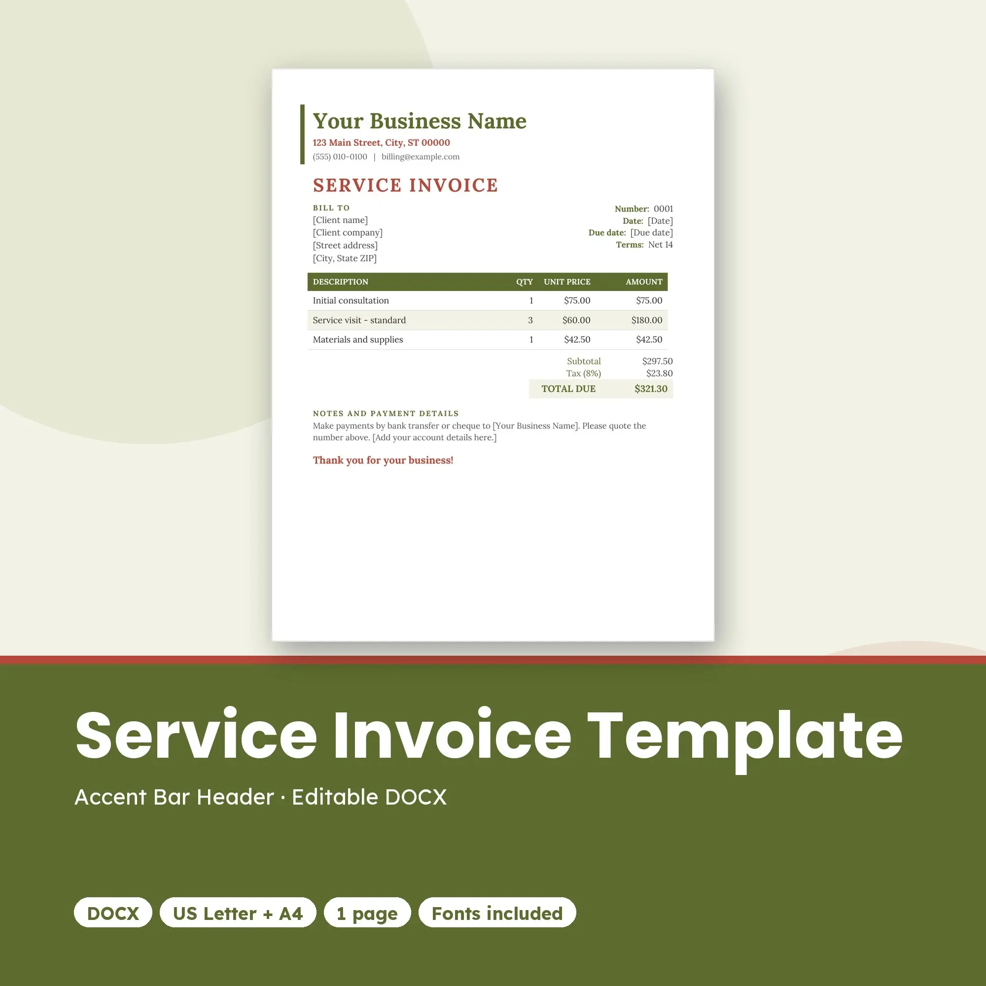 Service Invoice Template, Accent Bar Header (DOCX) preview