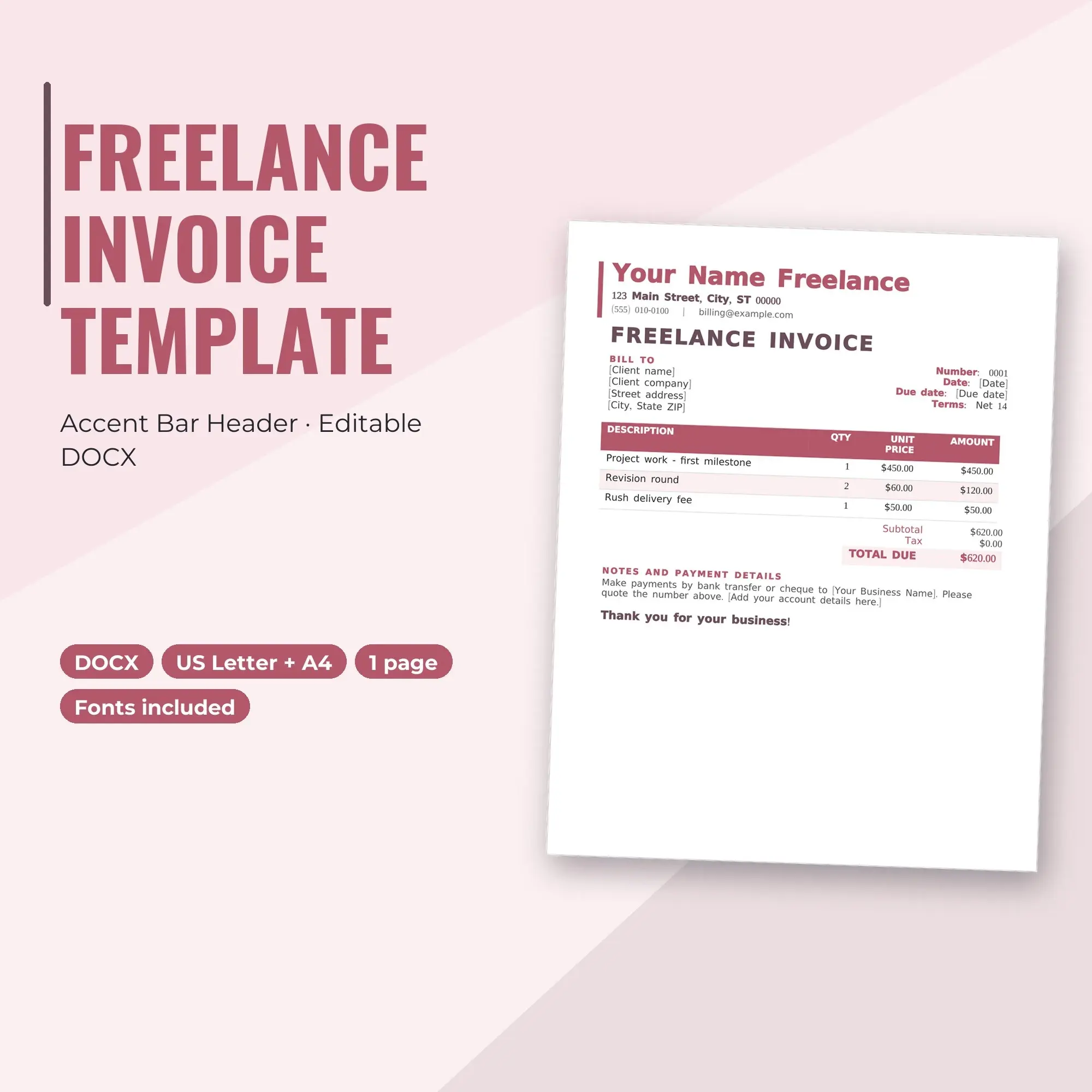 Freelance Invoice Template, Accent Bar Header (DOCX) preview