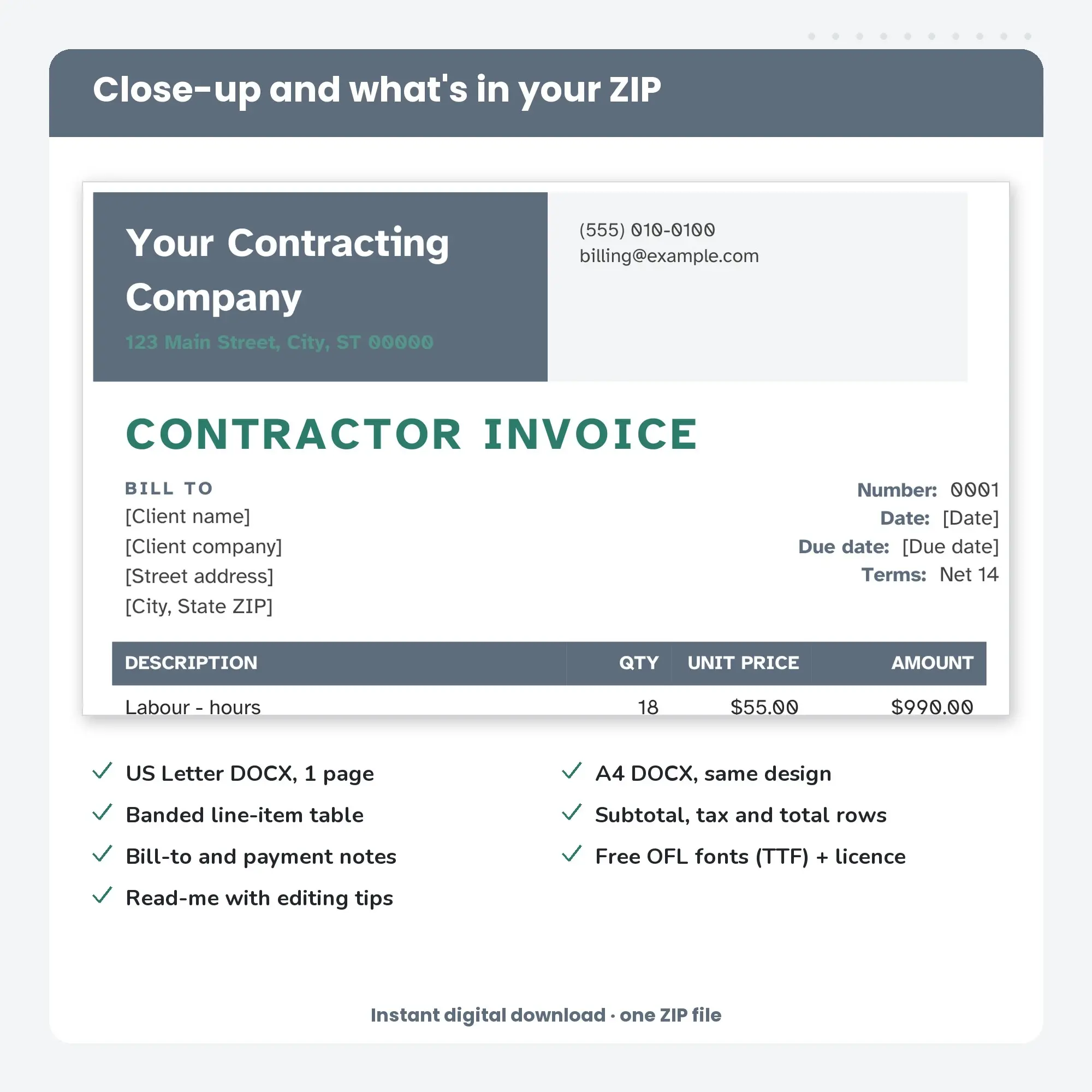 Contractor Invoice Template, Split Header (DOCX), preview 2 of 2