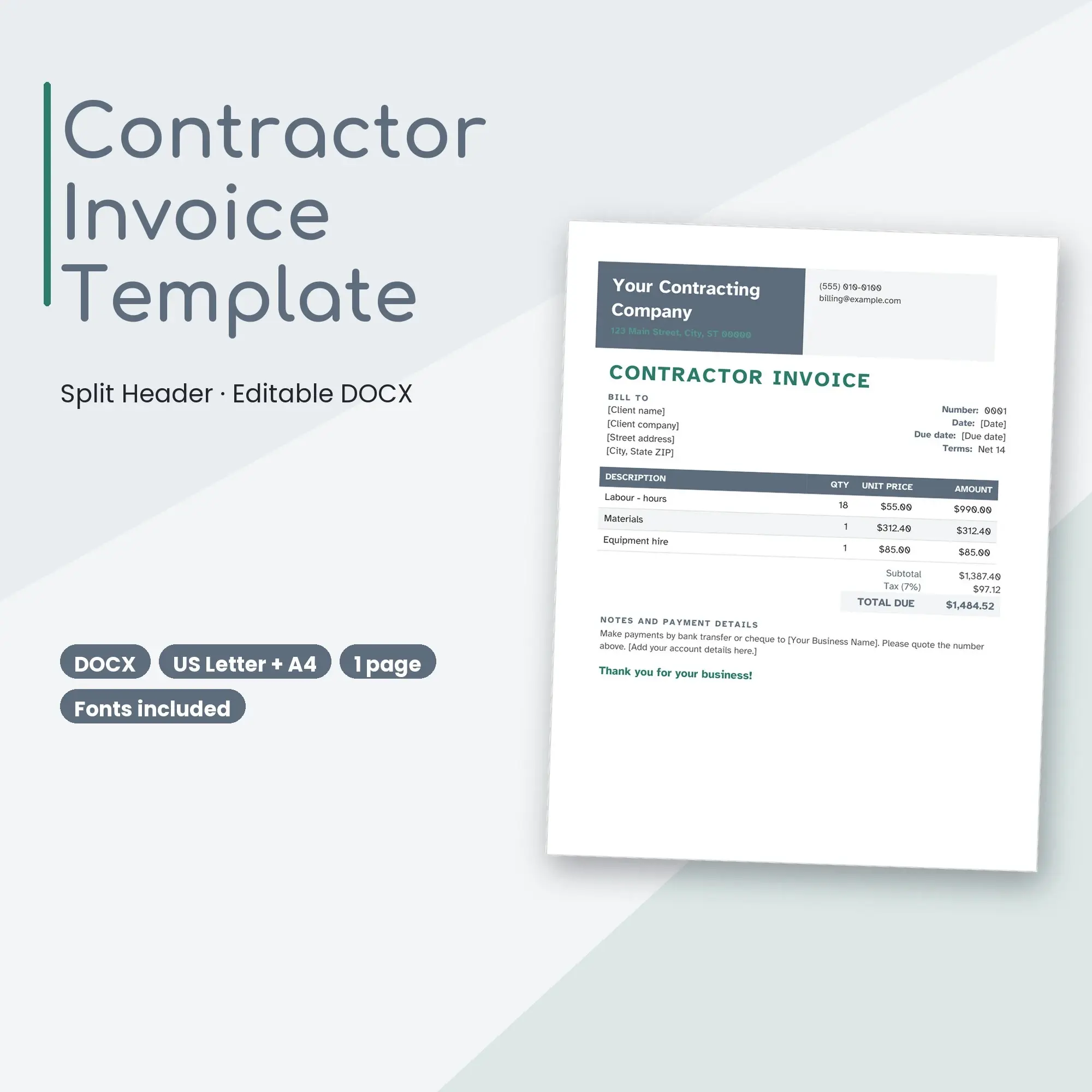 Contractor Invoice Template, Split Header (DOCX), preview 1 of 2