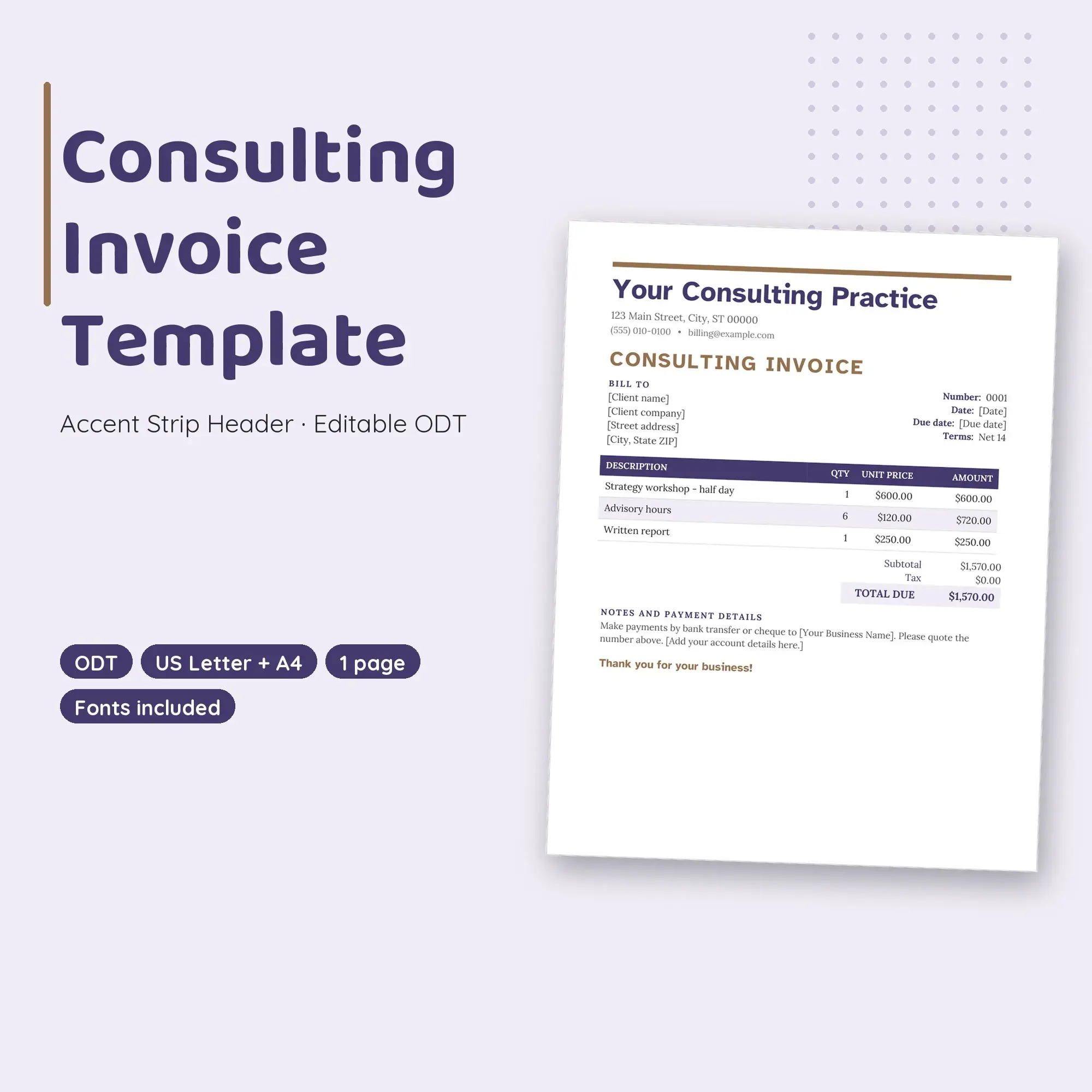 Consulting Invoice Template, Accent Strip Header (ODT) preview