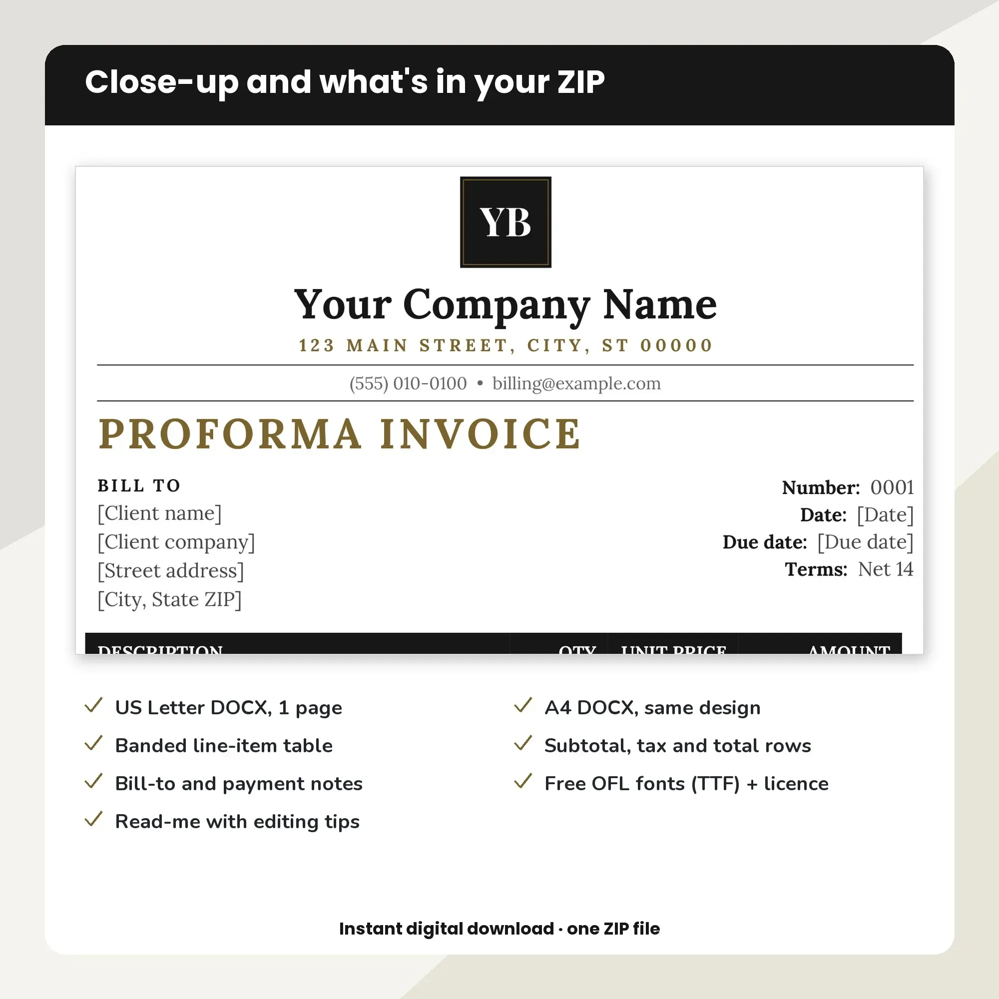 Proforma Invoice Template, Monogram Header (DOCX), preview 2 of 2