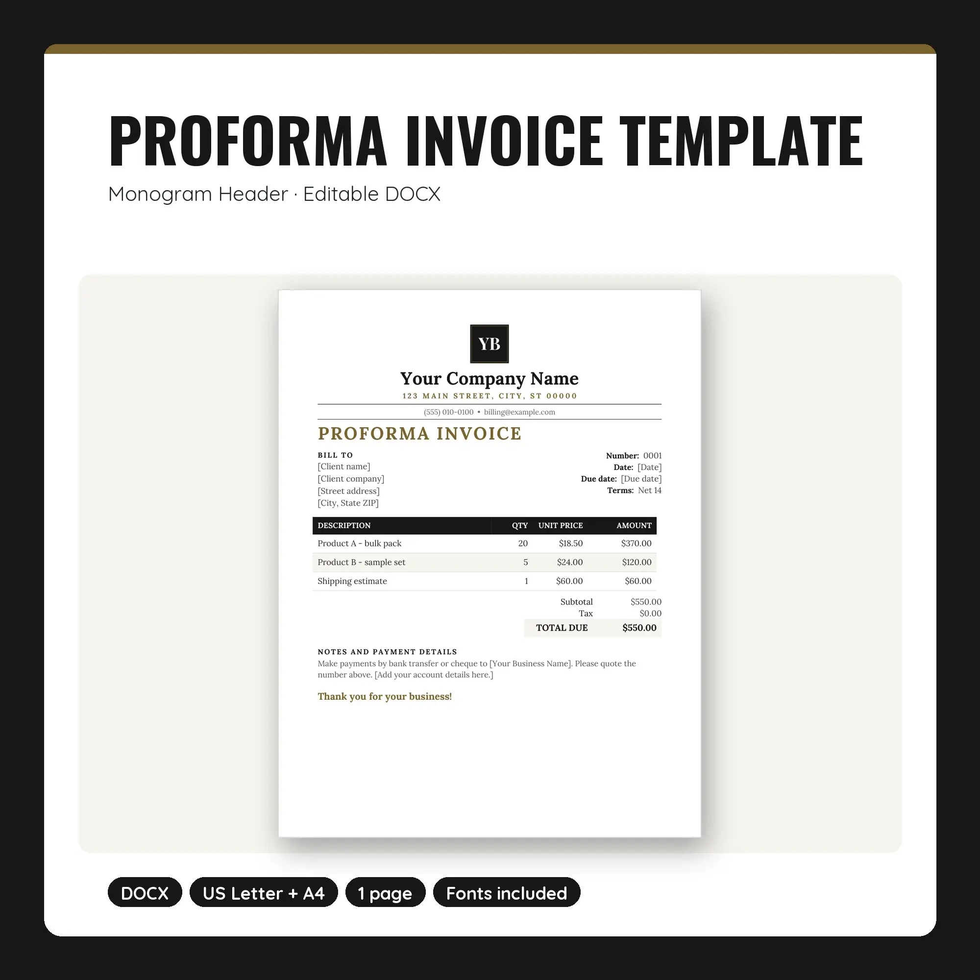 Proforma Invoice Template, Monogram Header (DOCX), preview 1 of 2