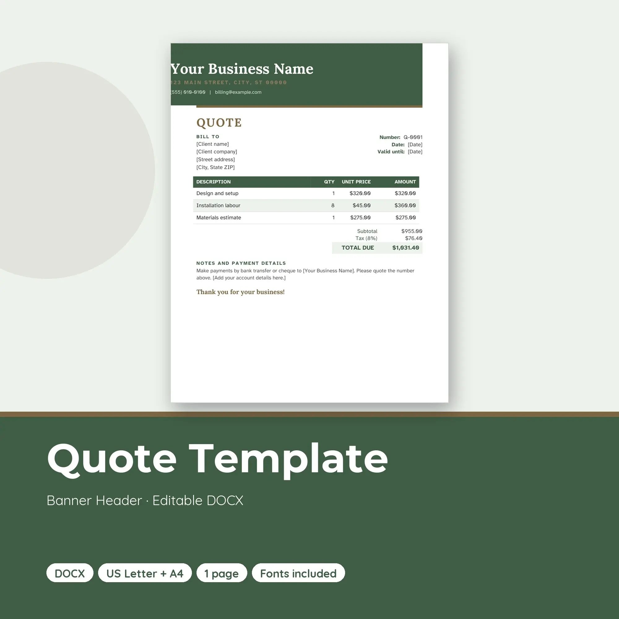 Quote Template, Banner Header (DOCX) preview