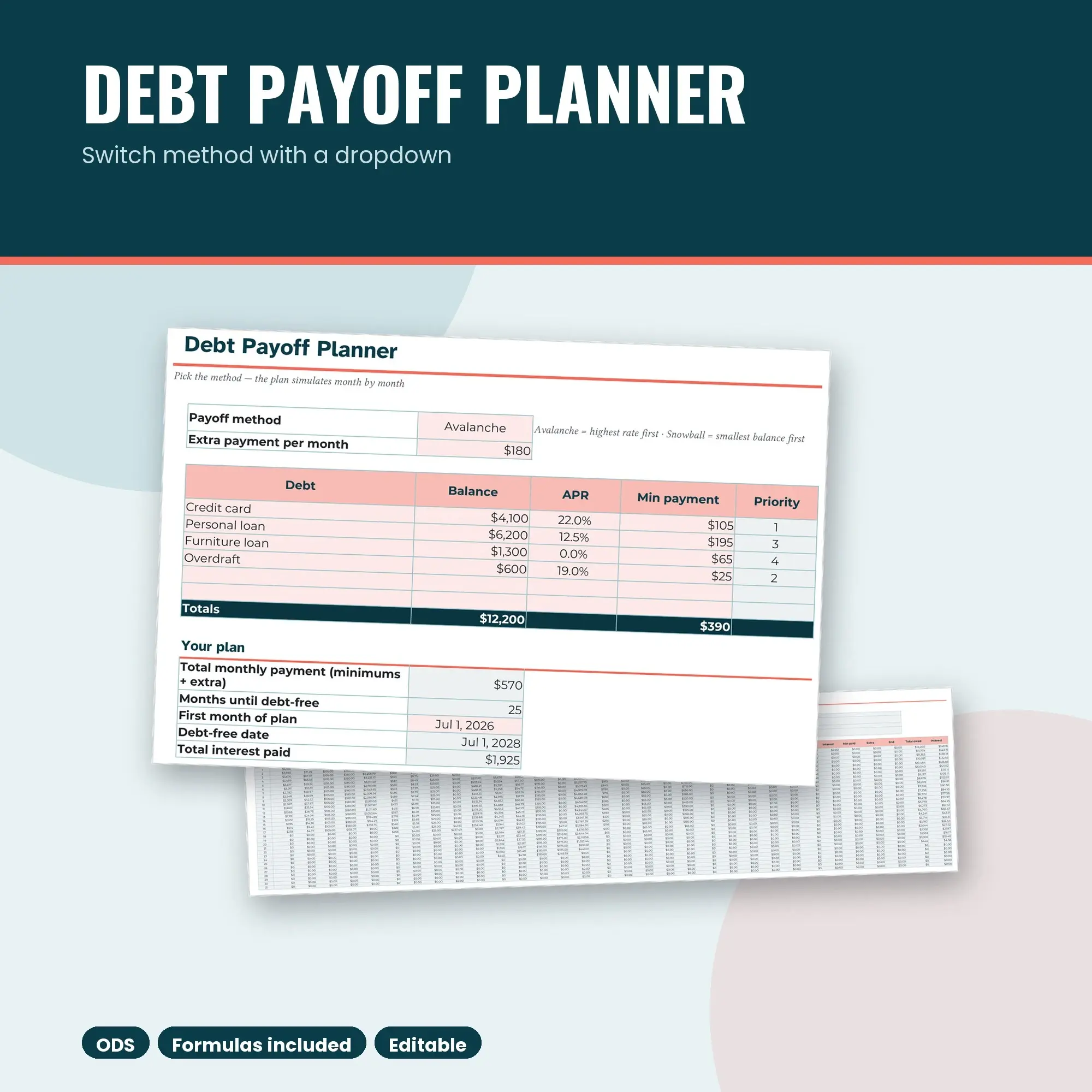 Debt Payoff Planner Spreadsheet, Compare Snowball and Avalanche (ODS) preview