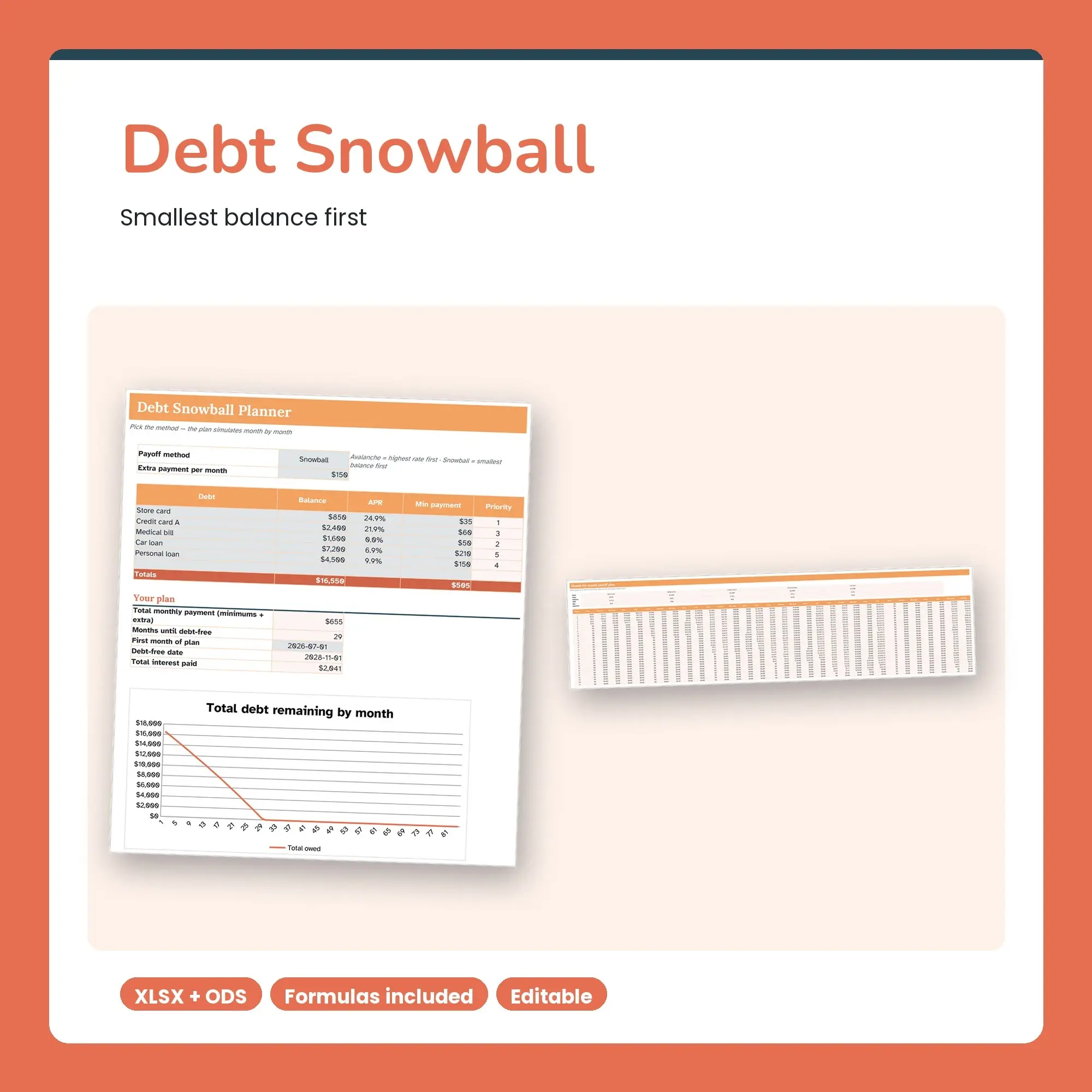 Debt Snowball Calculator Spreadsheet, Pay Off Smallest Balance First (XLSX + ODS) preview
