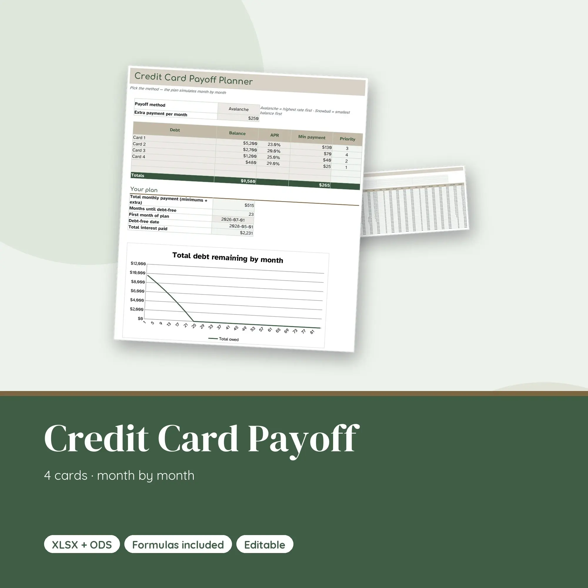Credit Card Payoff Spreadsheet, Multi-Card Debt Plan with Extra Payment (XLSX + ODS) preview