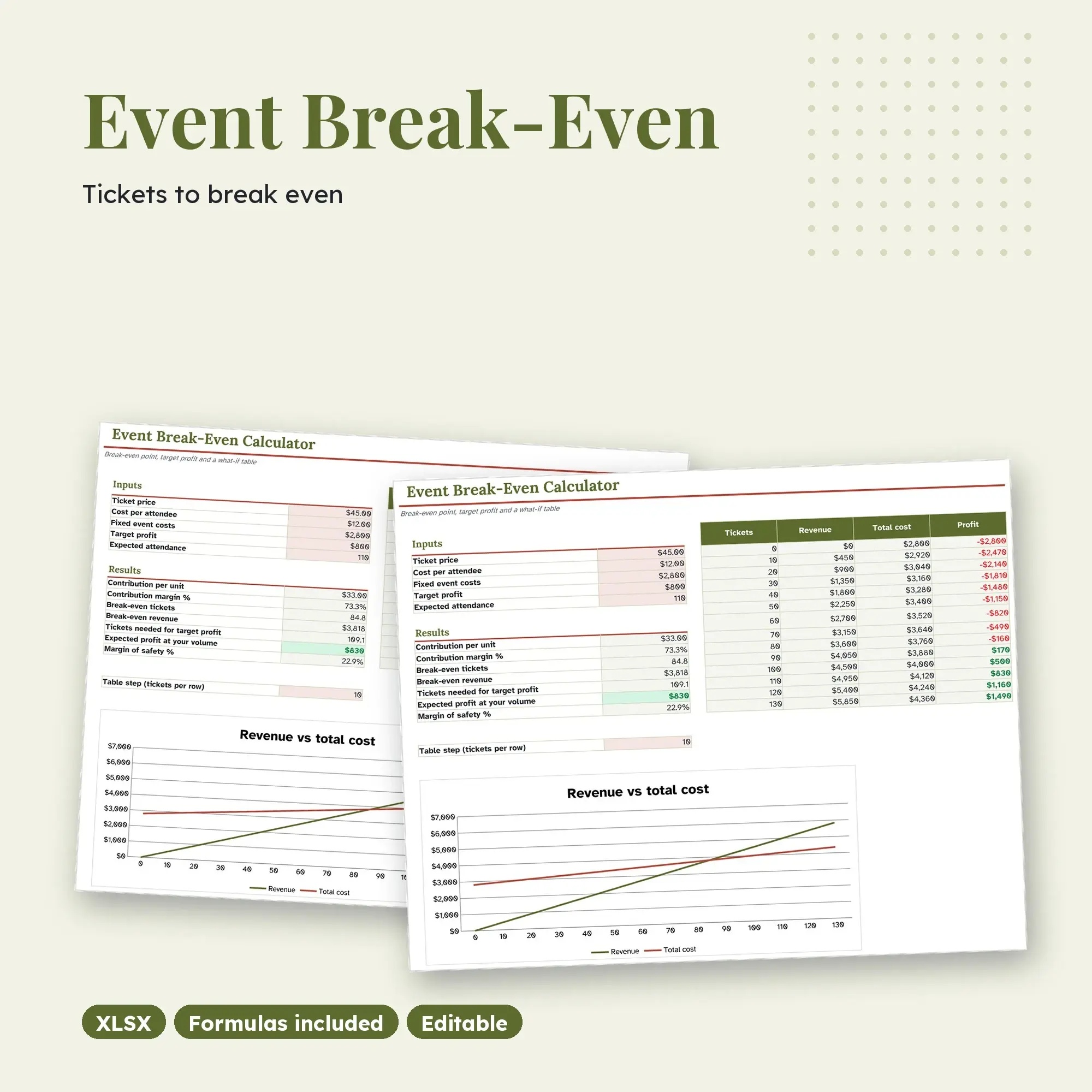 Event Break-Even Calculator Spreadsheet, Tickets Needed to Cover Costs (XLSX) preview