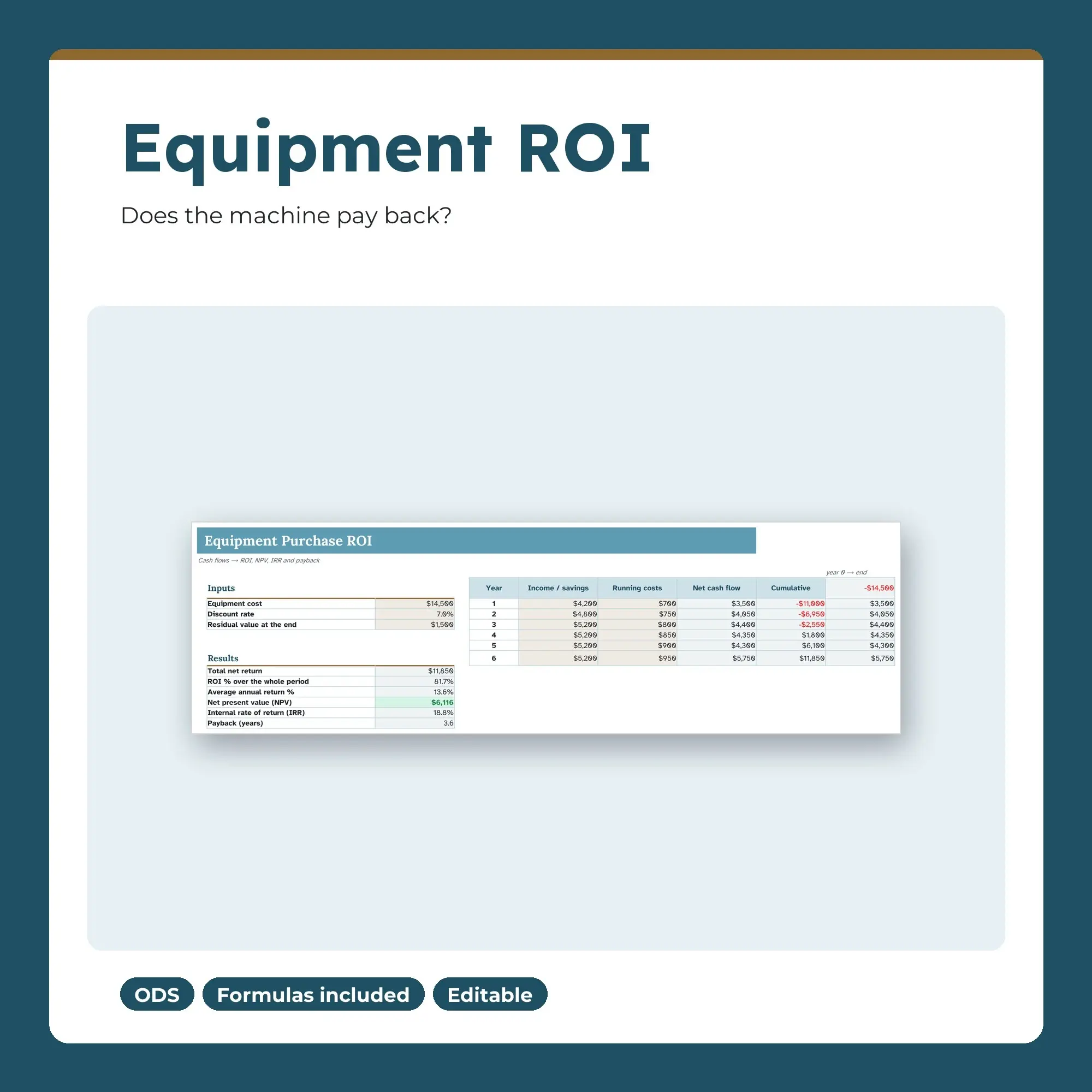 Equipment Purchase ROI Spreadsheet, Payback and NPV Calculator (ODS) preview