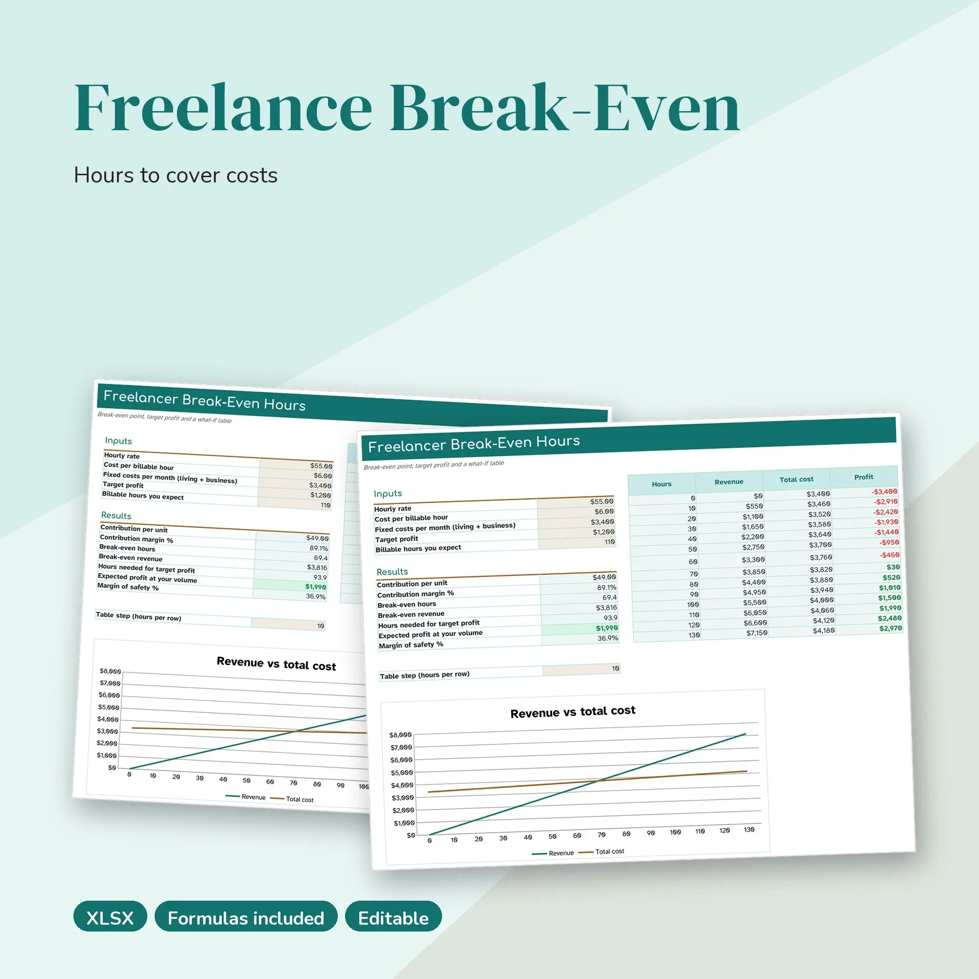 Freelancer Break-Even Spreadsheet, Billable Hours Needed per Month (XLSX) preview