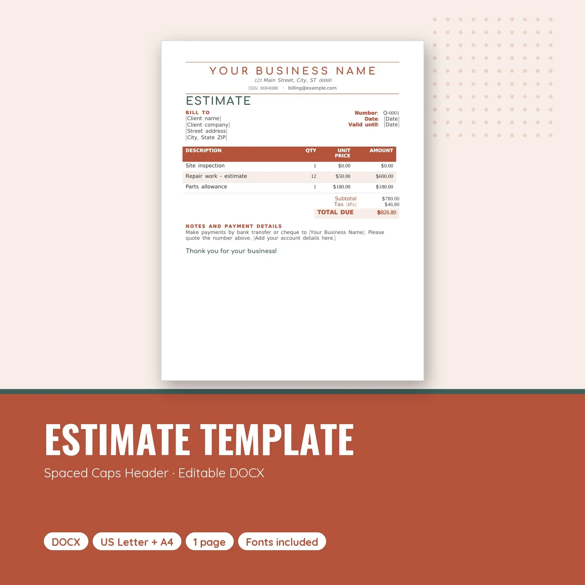 Estimate Template, Spaced Caps Header (DOCX) preview