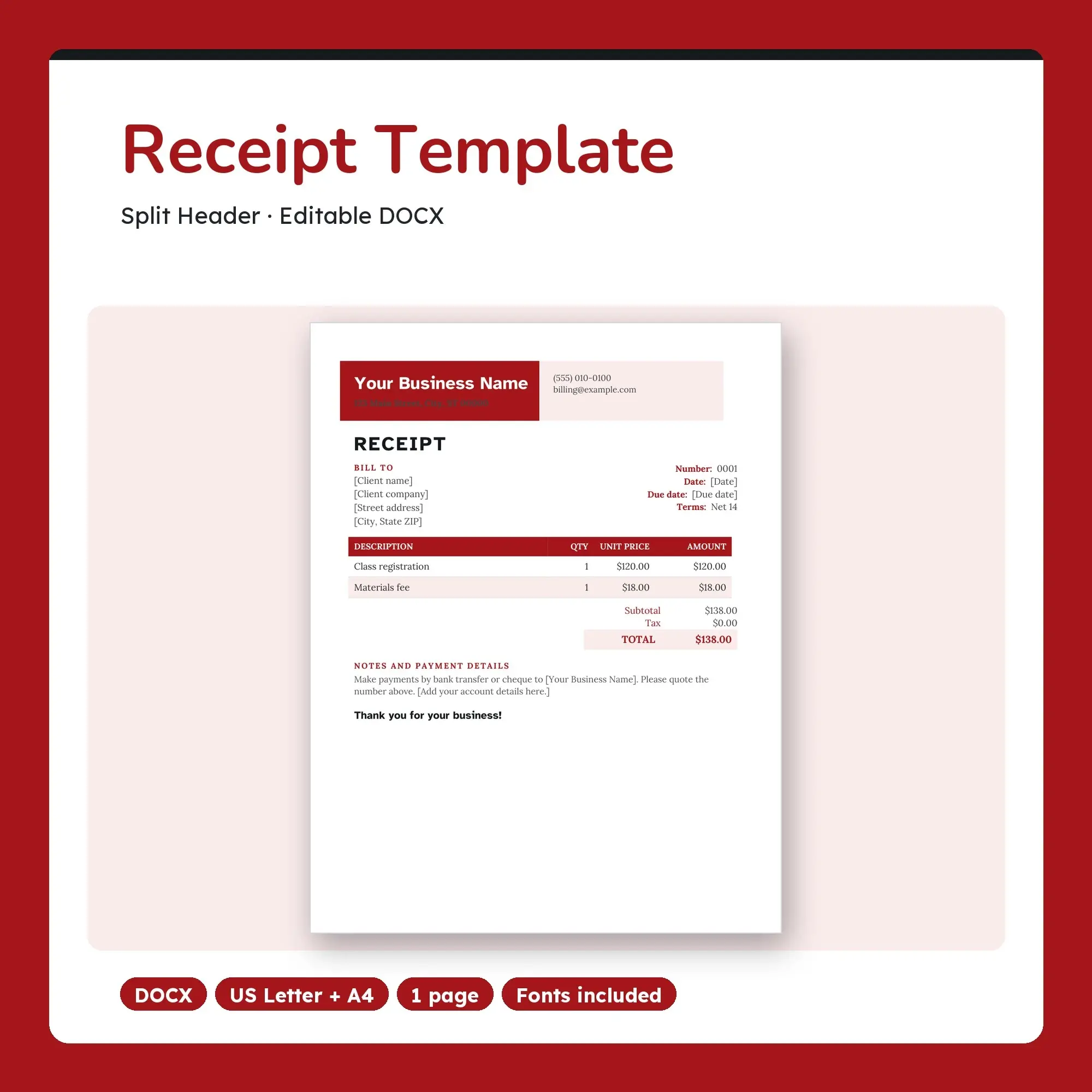 Receipt Template, Split Header (DOCX) preview