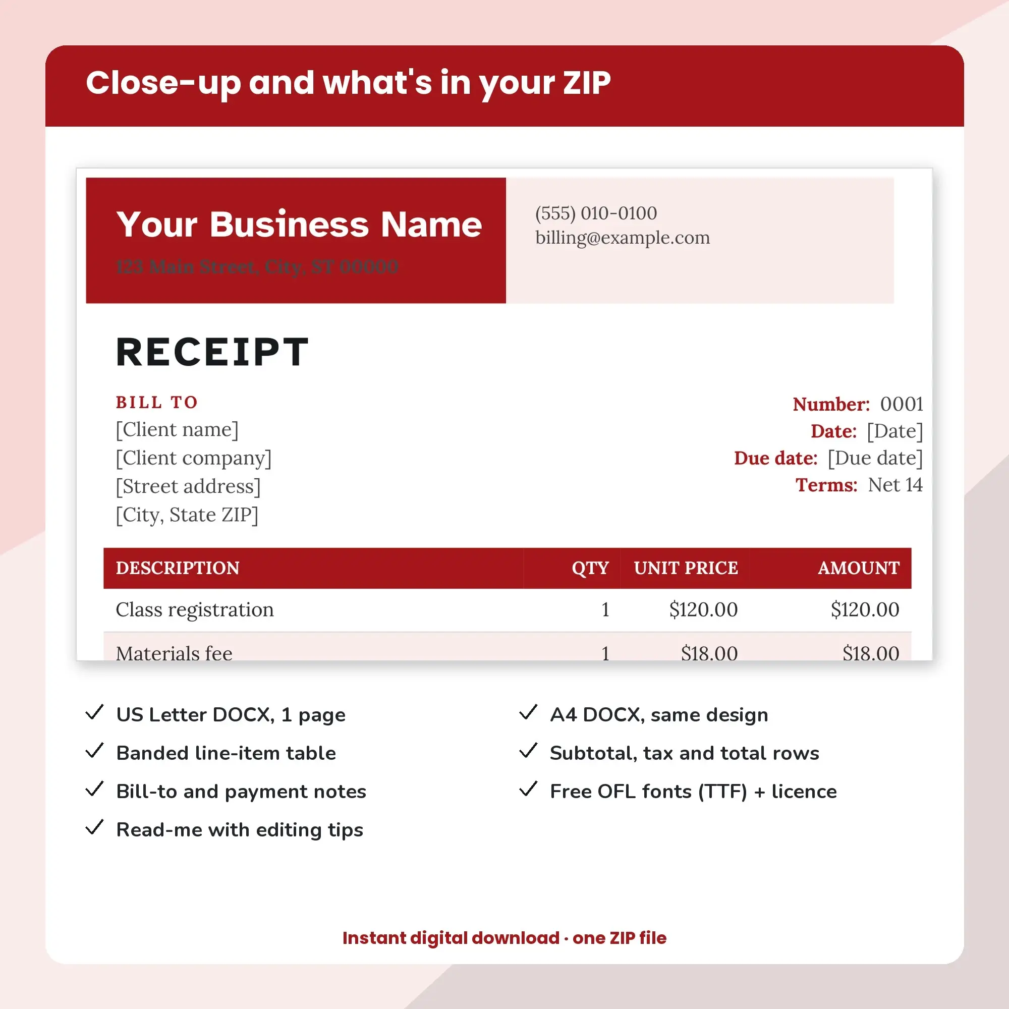 Receipt Template, Split Header (DOCX), preview 2 of 2