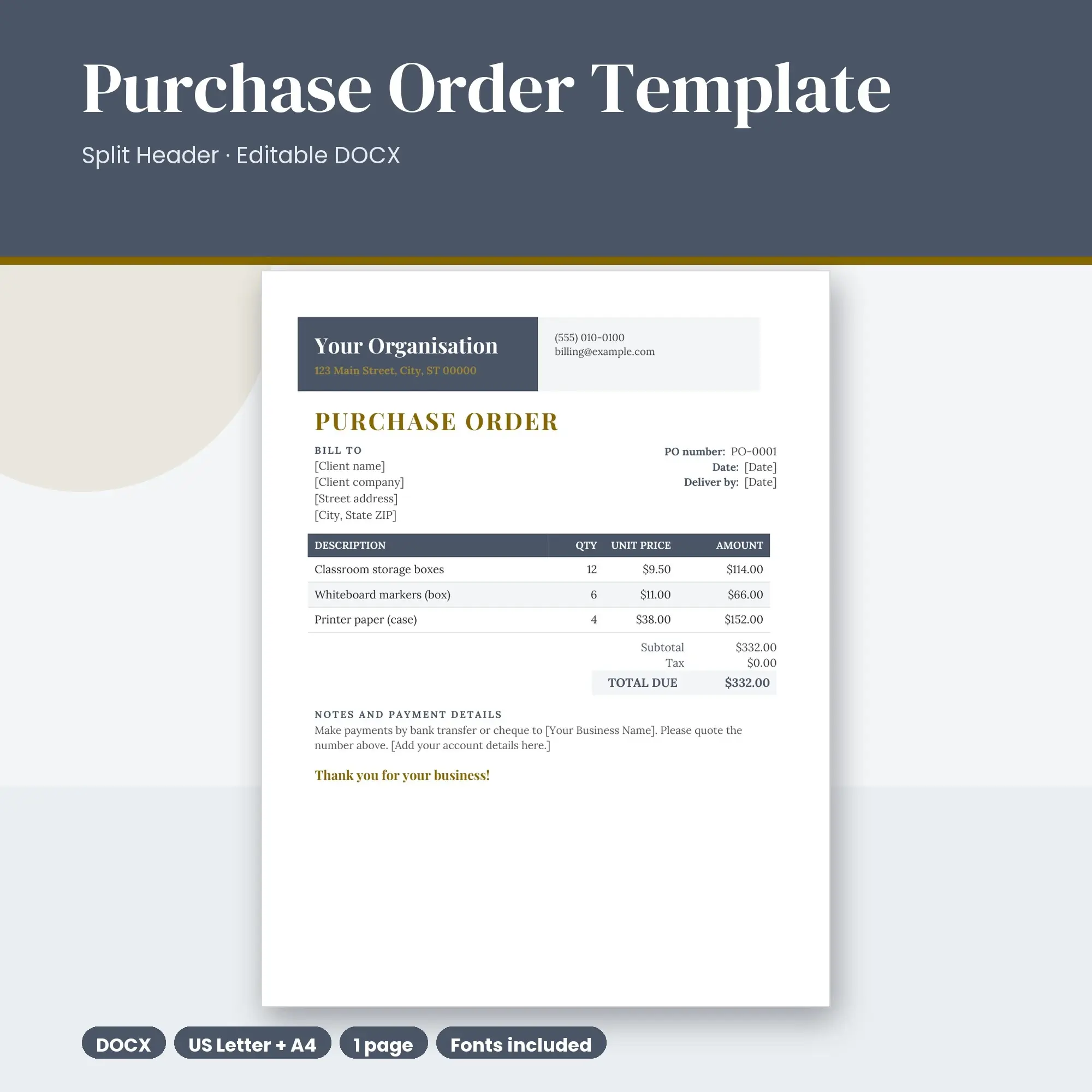 Purchase Order Template, Split Header (DOCX), preview 1 of 2
