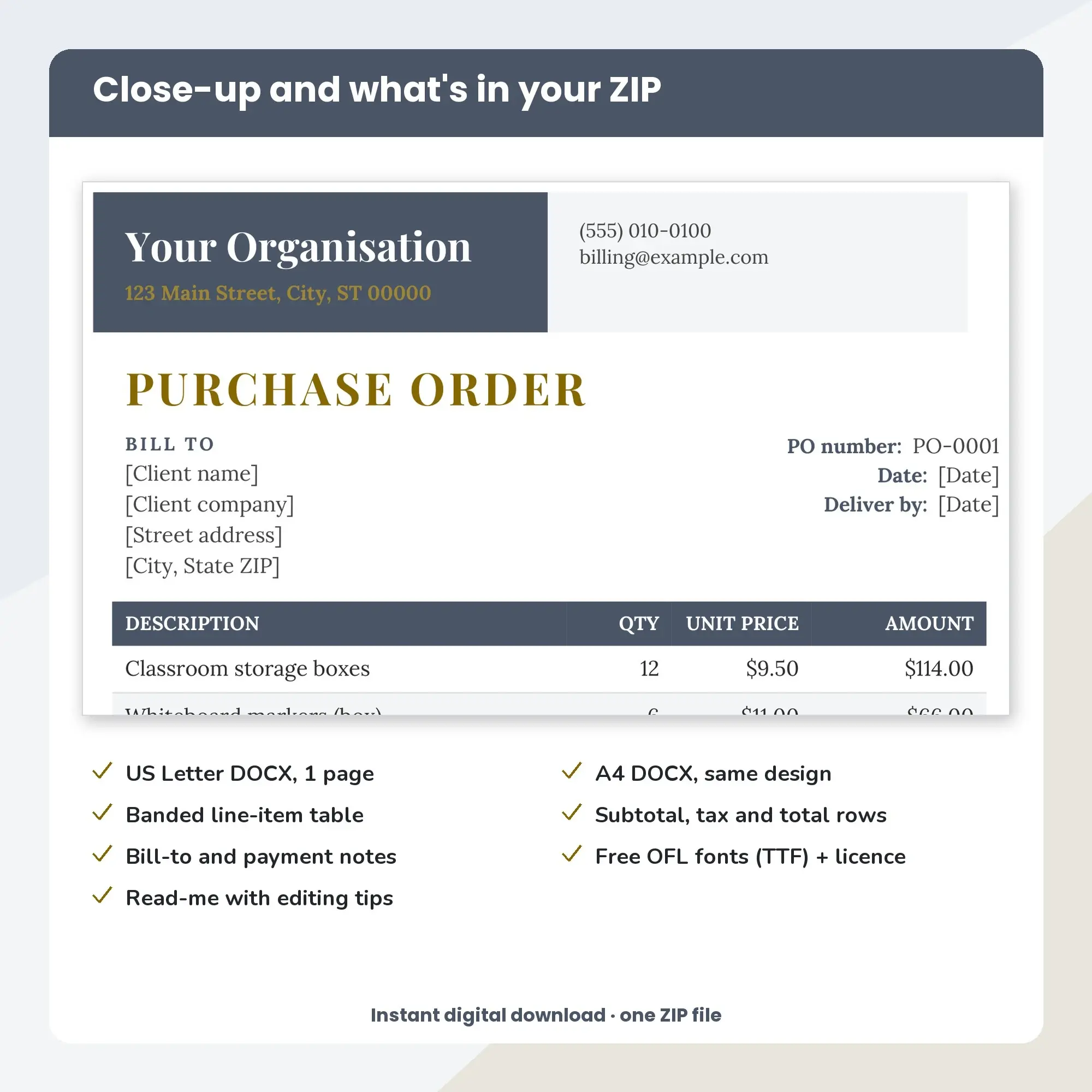 Purchase Order Template, Split Header (DOCX), preview 2 of 2