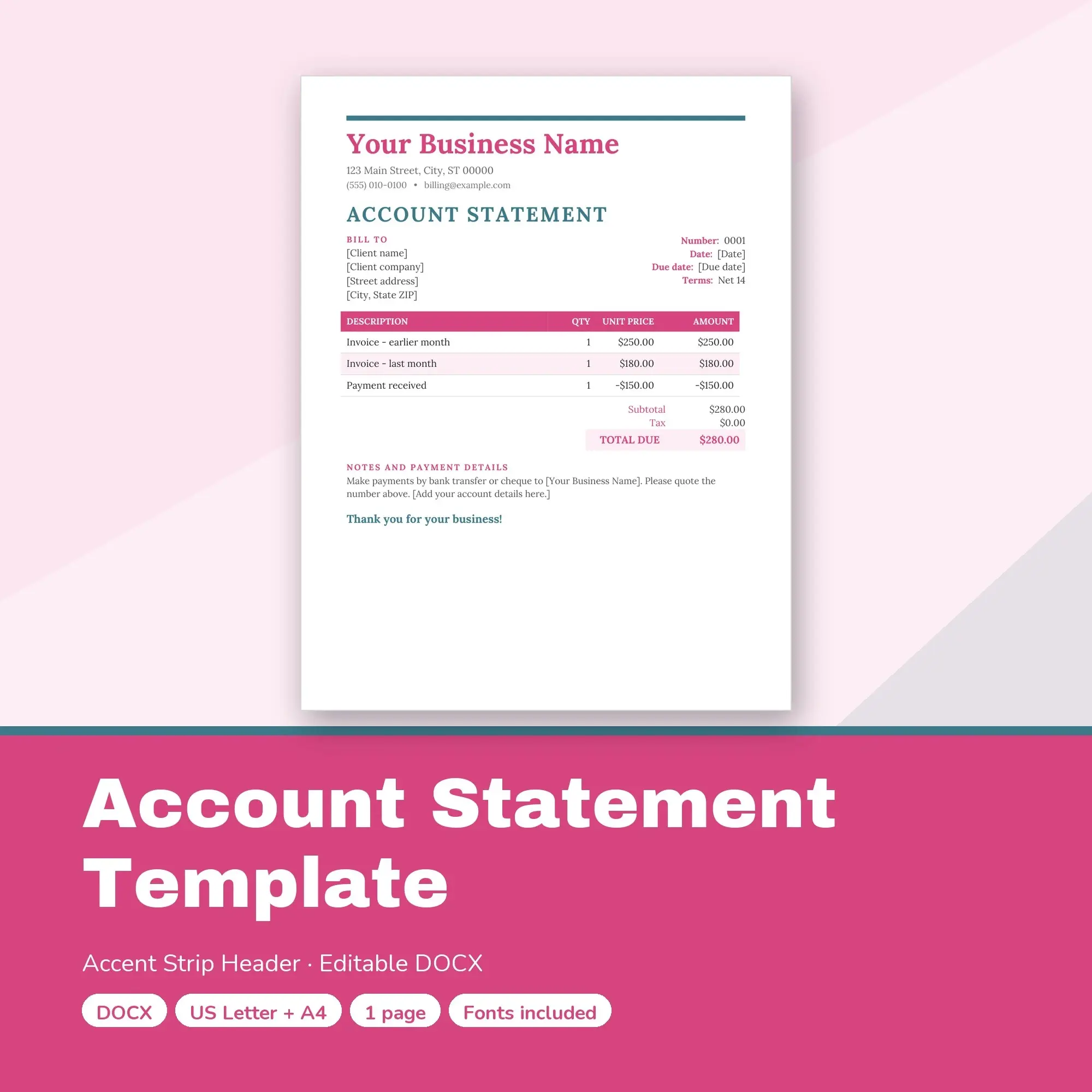 Account Statement Template, Accent Strip Header (DOCX) preview