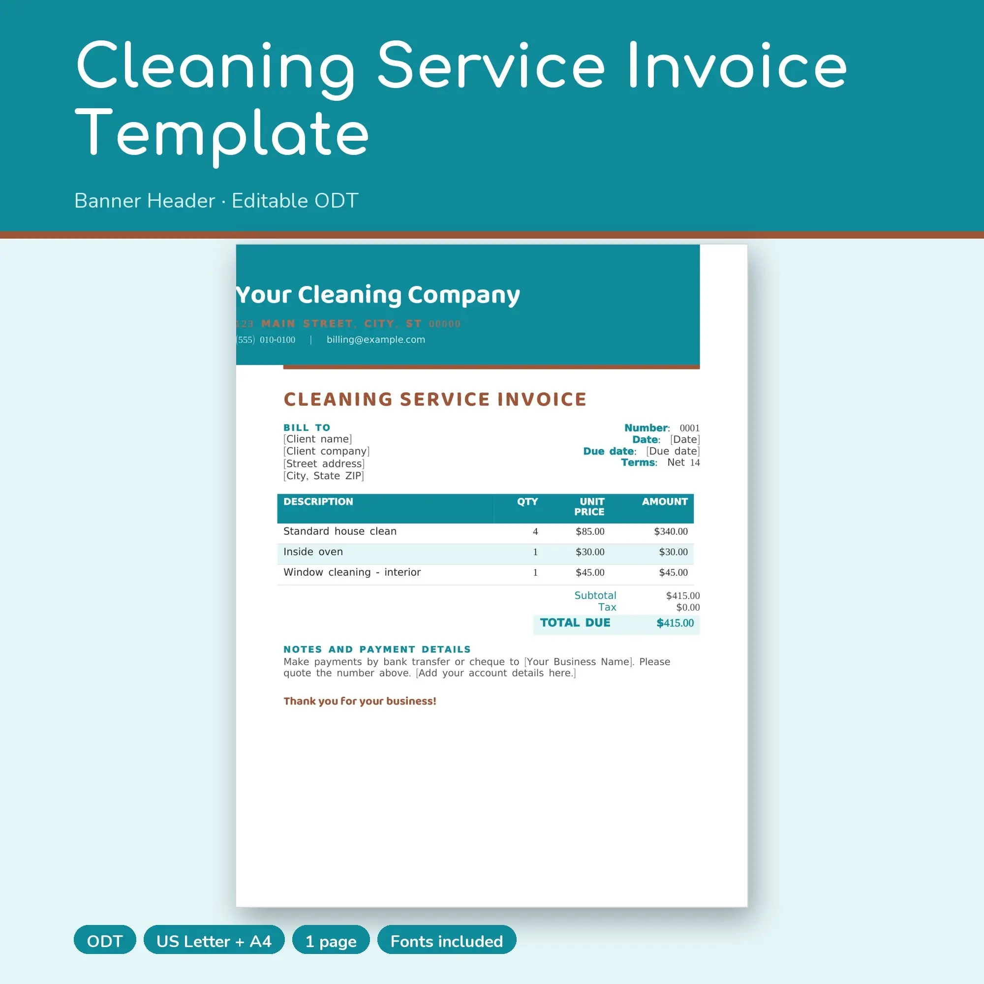 Cleaning Service Invoice Template, Banner Header (ODT) preview