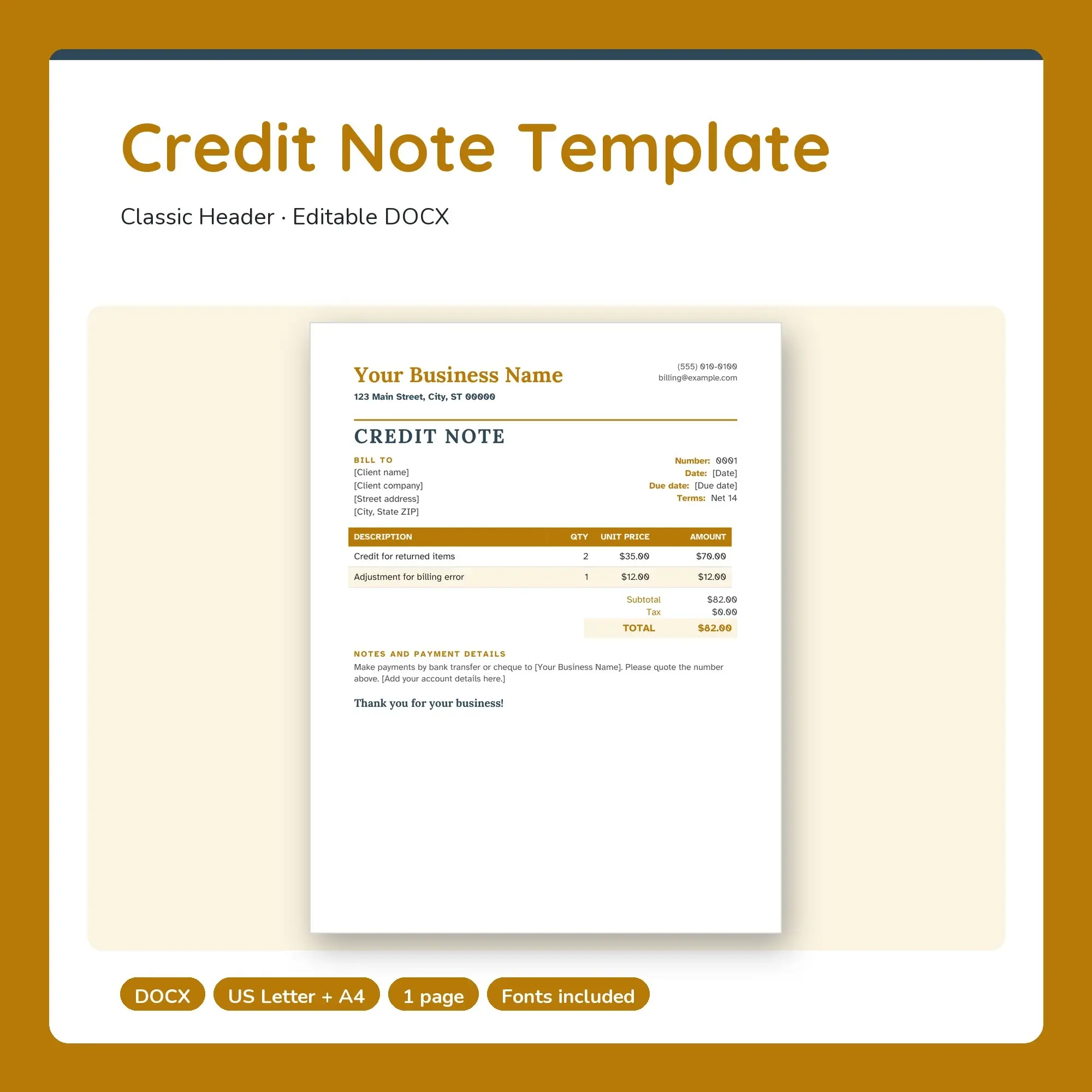 Credit Note Template, Classic Header (DOCX) preview