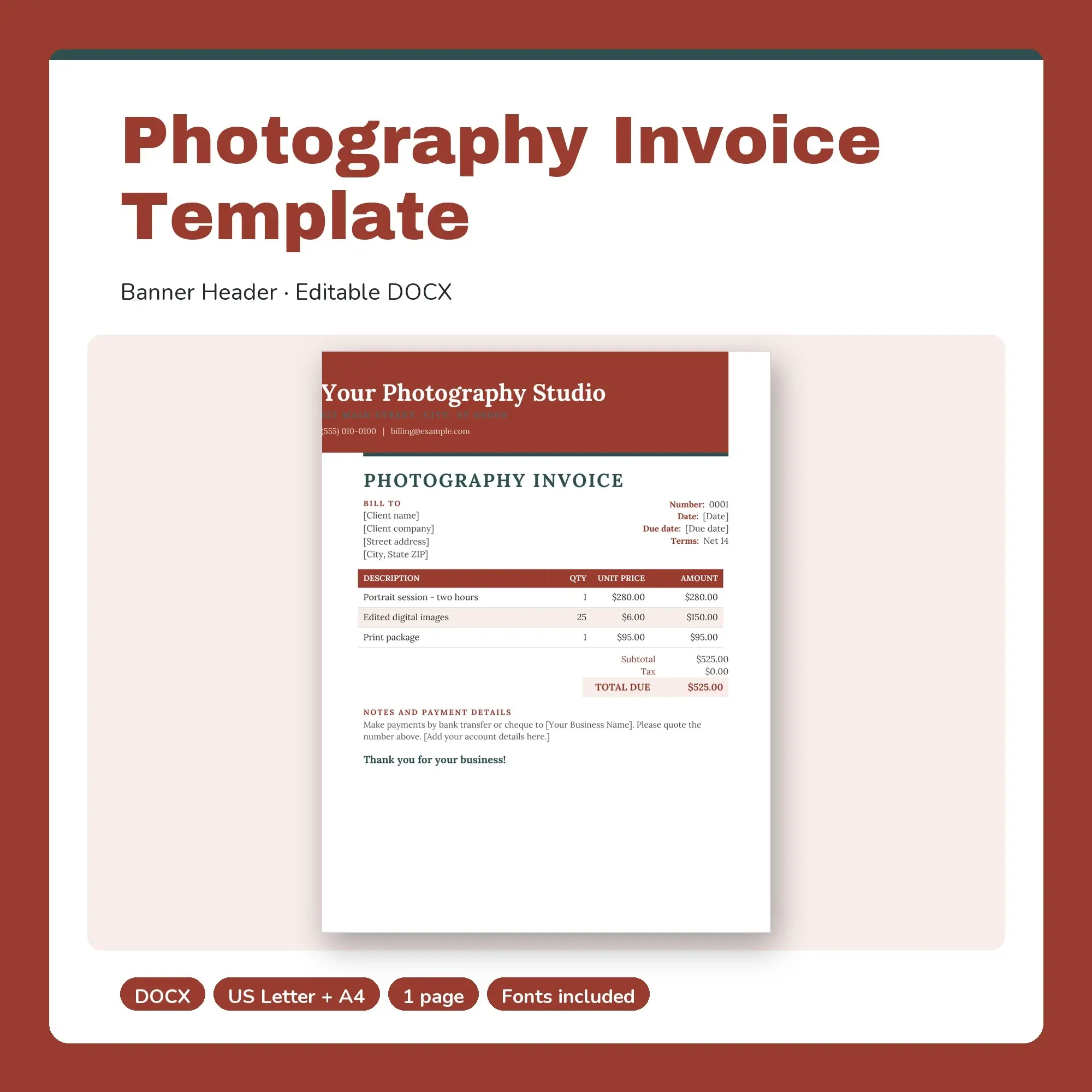Photography Invoice Template, Banner Header (DOCX) preview