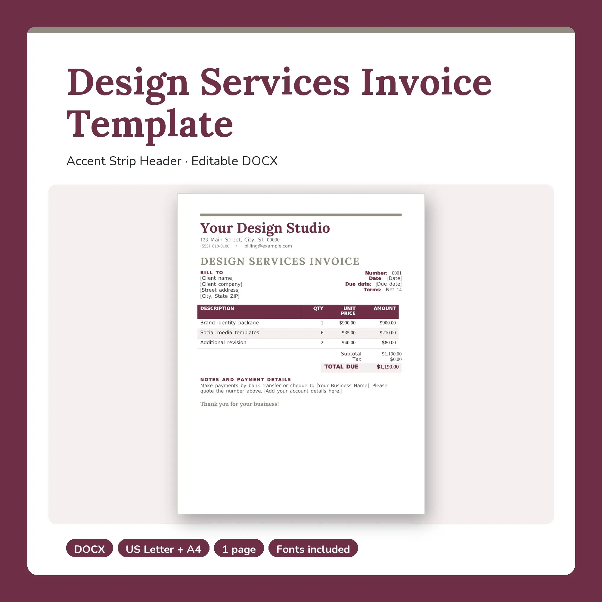 Design Services Invoice Template, Accent Strip Header (DOCX) preview