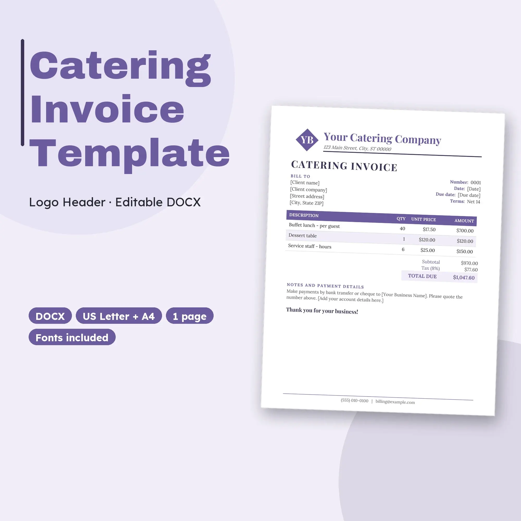 Catering Invoice Template, Logo Header (DOCX) preview