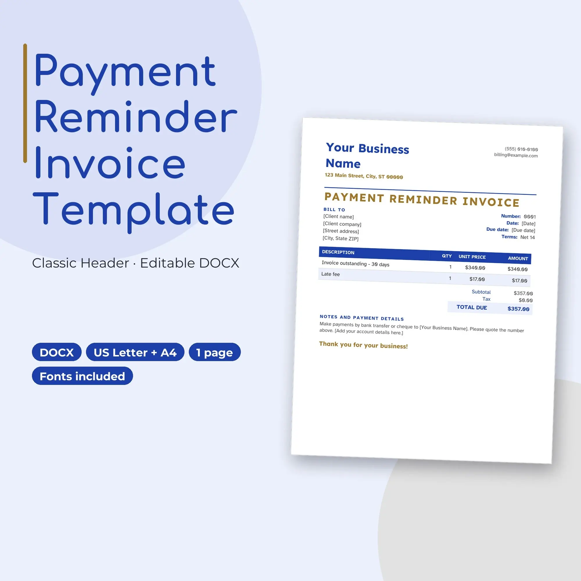 Payment Reminder Invoice Template, Classic Header (DOCX) preview
