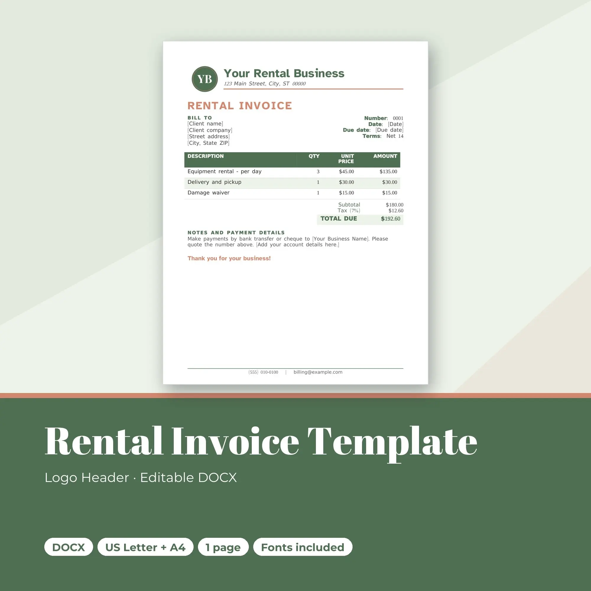 Rental Invoice Template, Logo Header (DOCX) preview