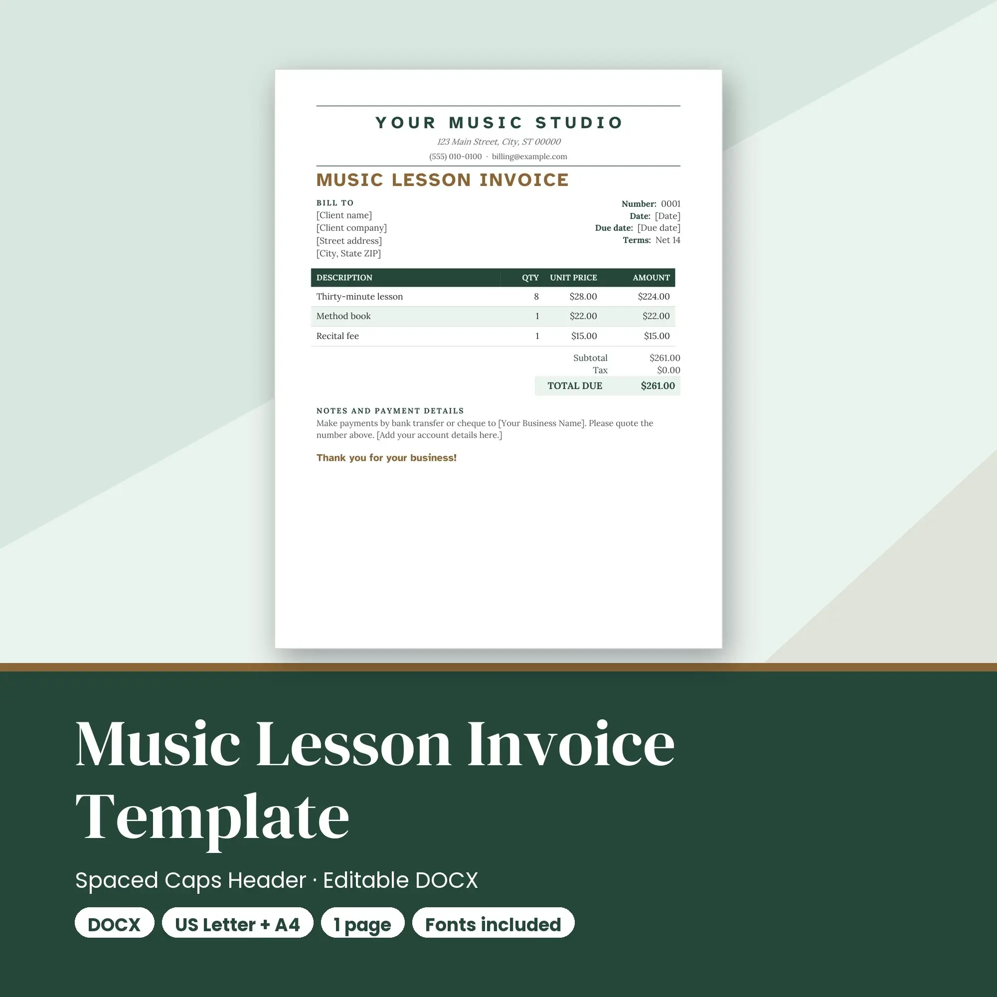 Music Lesson Invoice Template, Spaced Caps Header (DOCX) preview