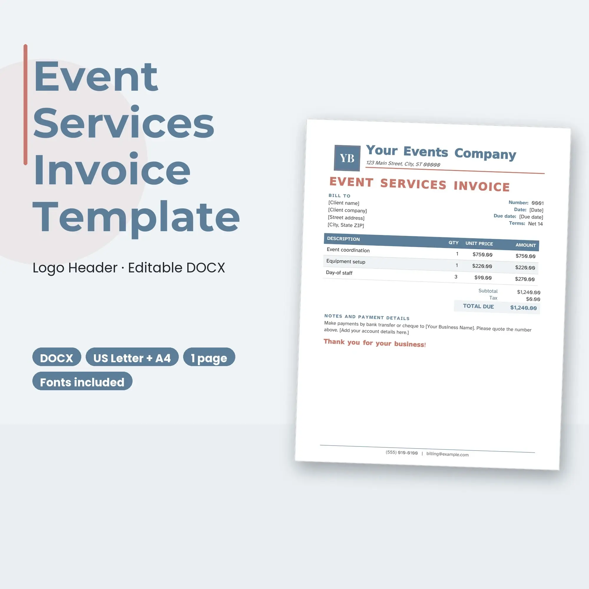 Event Services Invoice Template, Logo Header (DOCX) preview