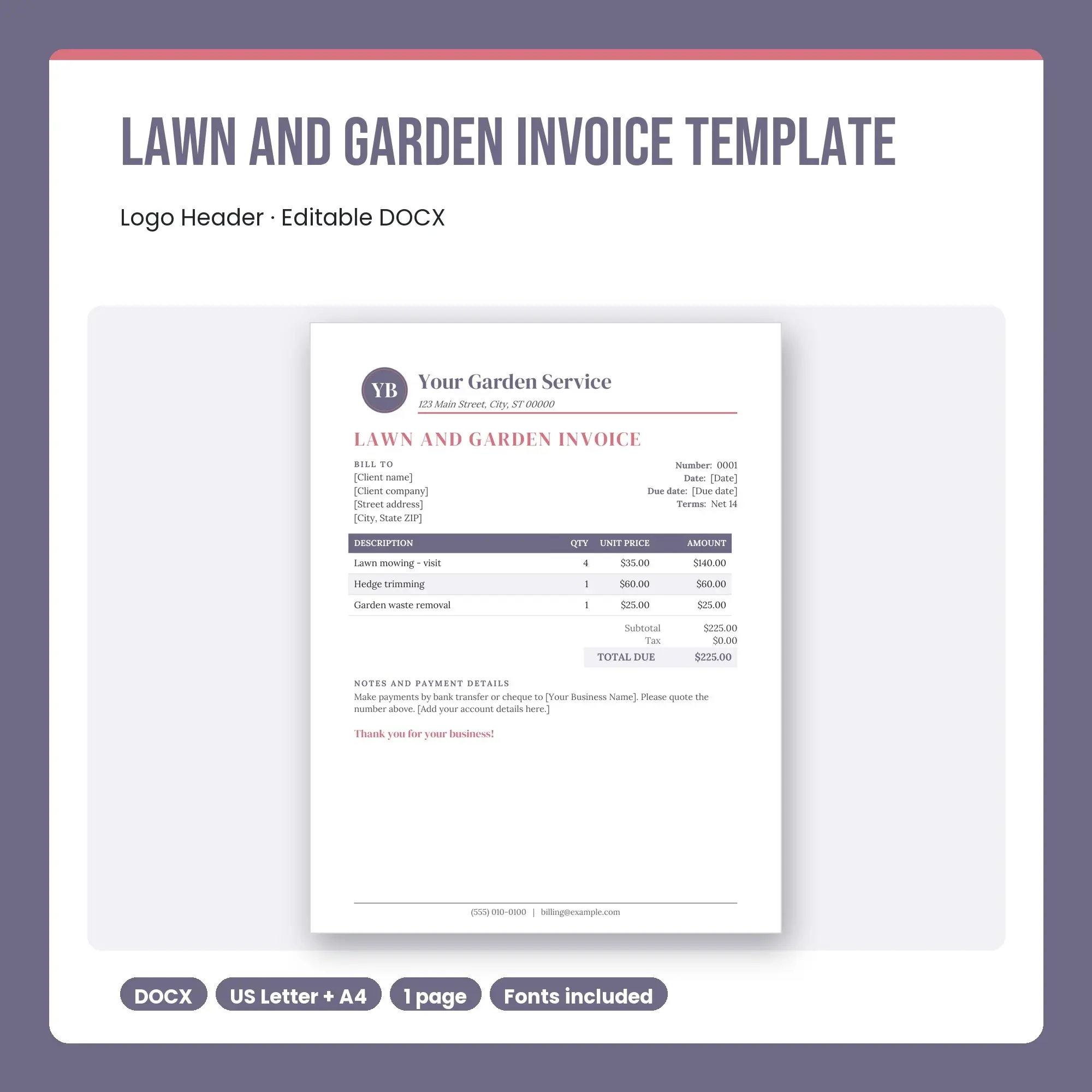 Lawn and Garden Invoice Template, Logo Header (DOCX) preview
