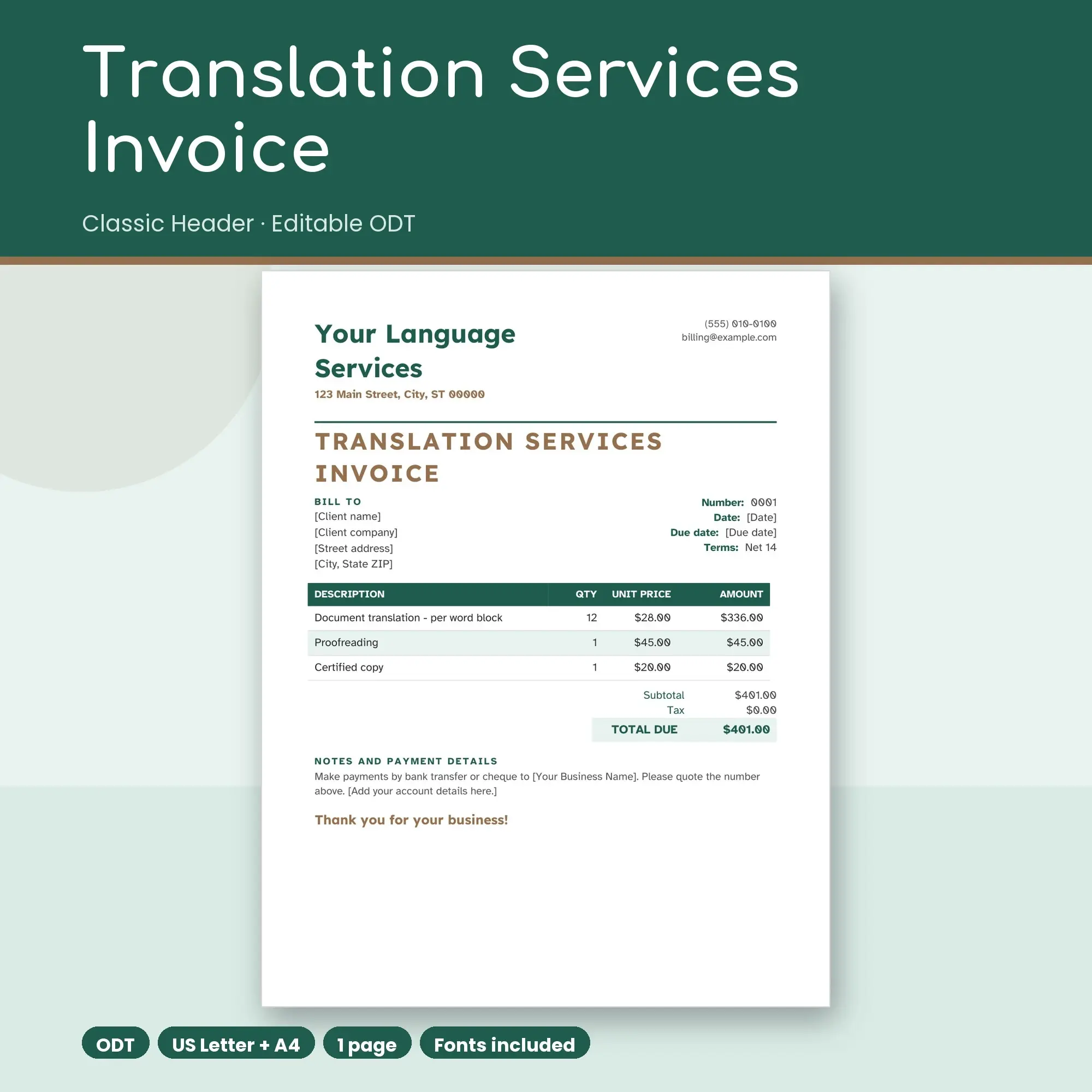 Translation Services Invoice Template, Classic Header (ODT) preview